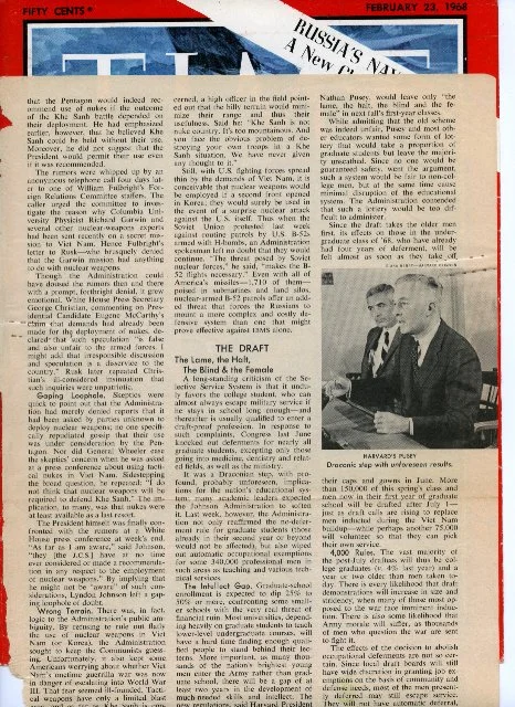 Dean of Harvard College Fred L. Glimp, Pres. Nathan Pusey by Diana MAra Henry 2/23/68-dredited to the Crimson.
