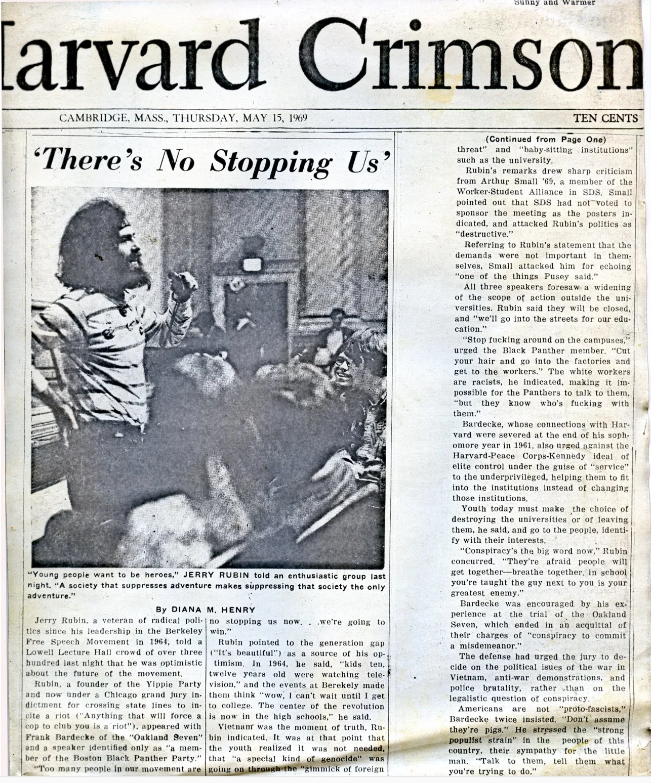 DIana Mara Henry wrote about Jerry Rubin for the Crimson May 15, 1969