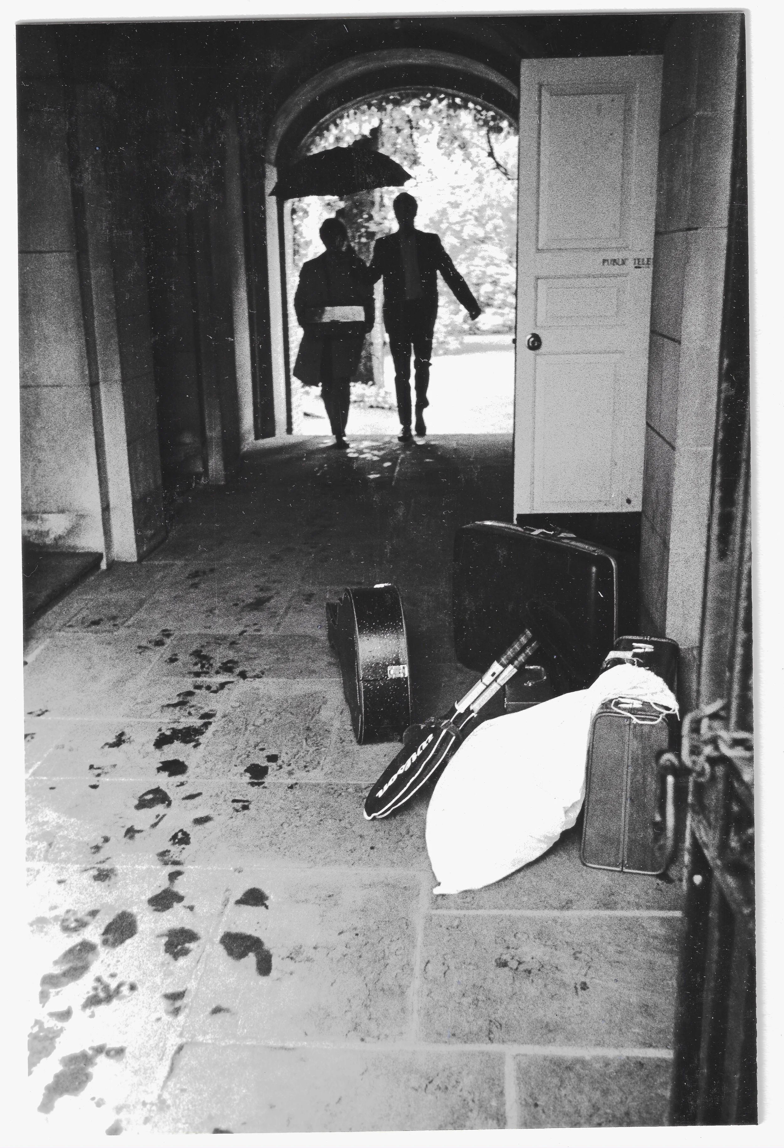 Student belongings piled up on the last day of the tem in an entry to Lowell House.
