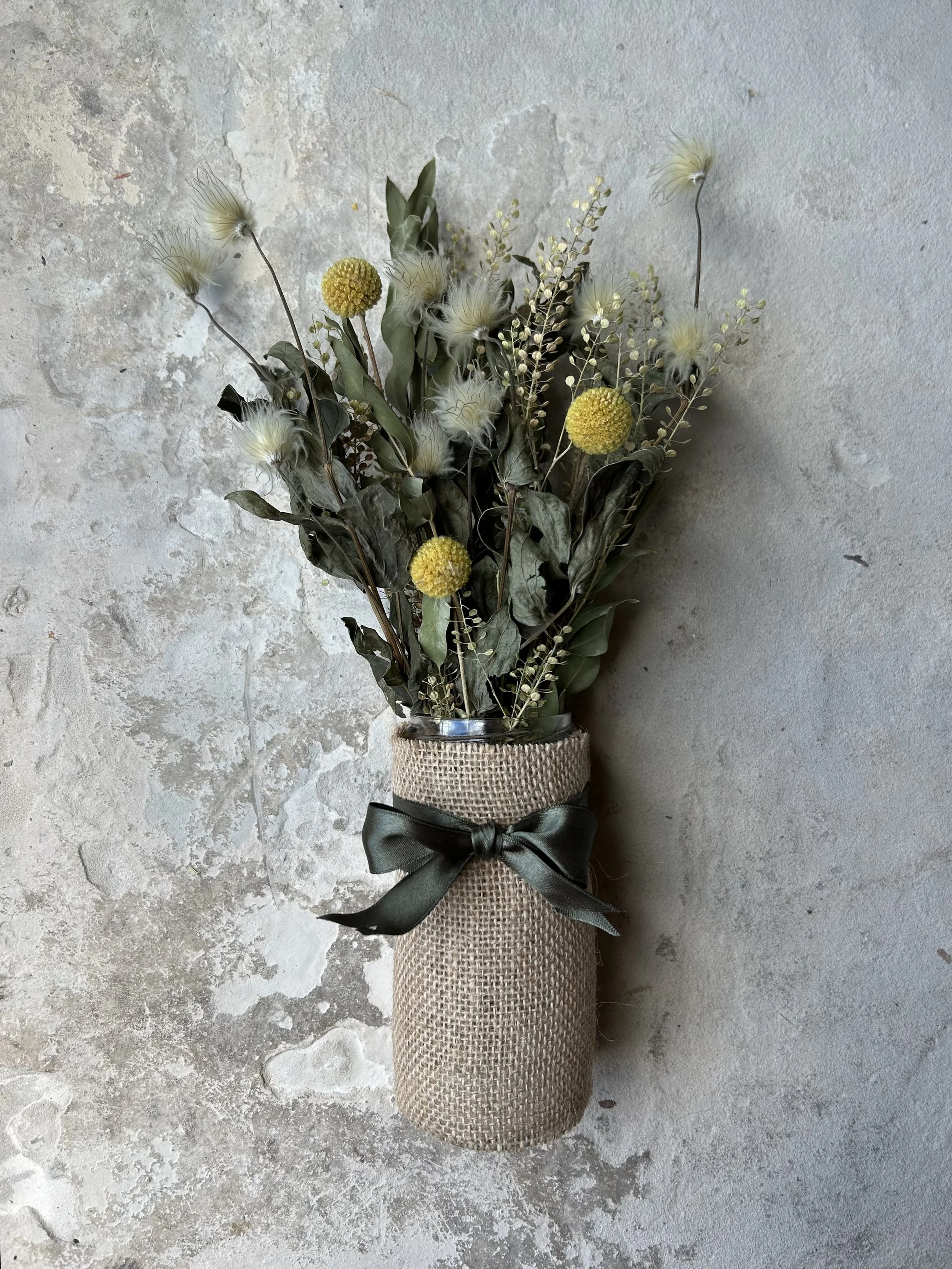 Clematis & Craspedia Dried Flower Arrangement In Jar