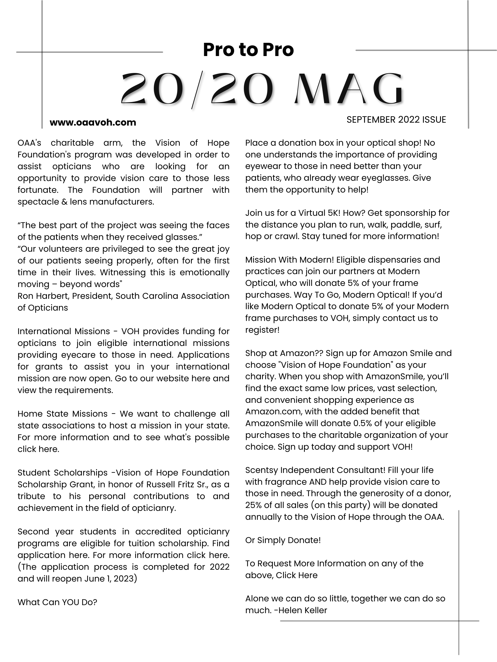 Pro to Pro 20/20 magazine write up on the Vison of Hope virtual run in October 2022