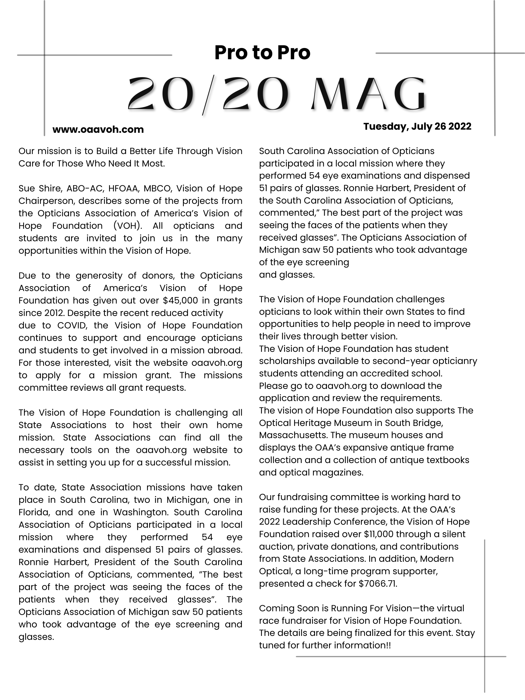 Pro to Pro 20/20 magazine write up on the Vision of Hope foundation