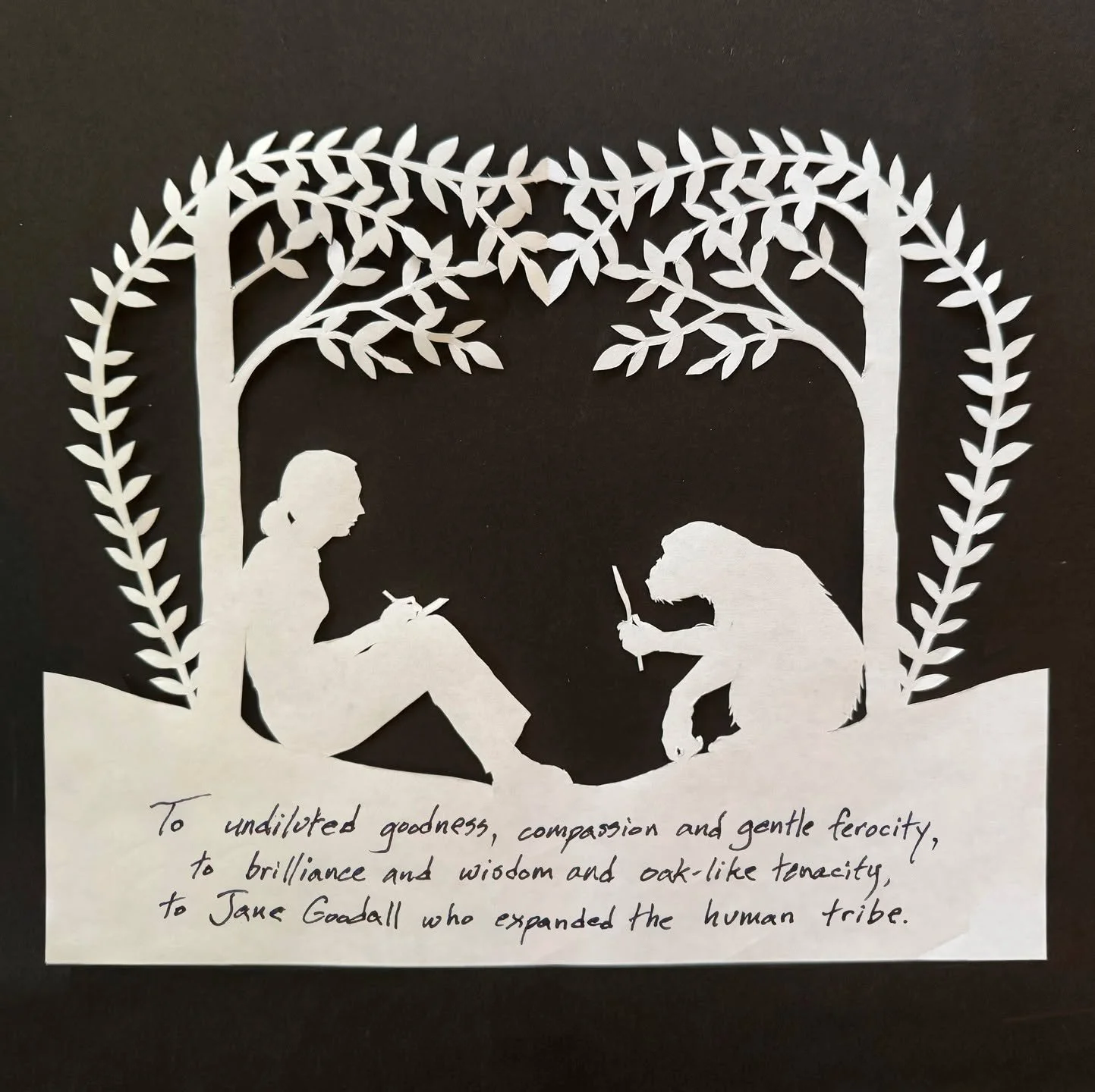 Day 30 of 100&mdash;A Love Note to Jane Goodall.
To undiluted goodness, compassion and gentle ferocity,
to brilliance and wisdom and oak-like tenacity,
to Jane Goodall who expanded the human tribe.

I had planned a completely different cutout for tod