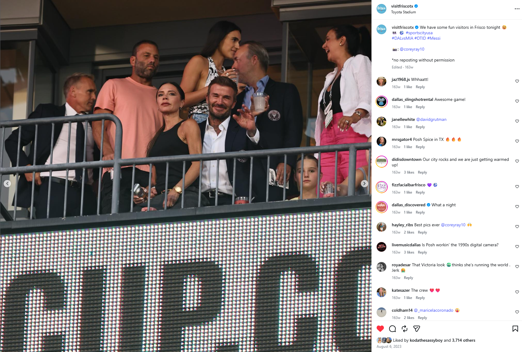 Beckham and Posh visited Frisco for Messi's first road match at Toyota Stadium. August 2023