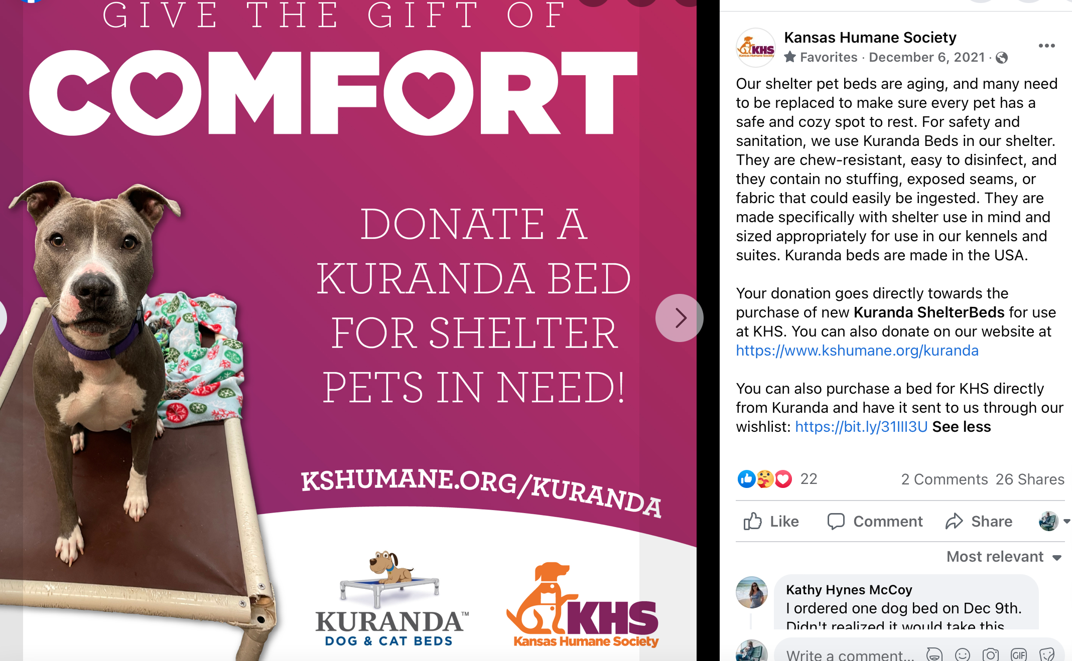 Kuranda Bed Campaign - We launched this campaign in desperate need a new beds for the hundreds of pets in our shelter.
We gave people the option to donate a bed directly from Kuranda, or donate on our Facebook post as well as our website (both pots o