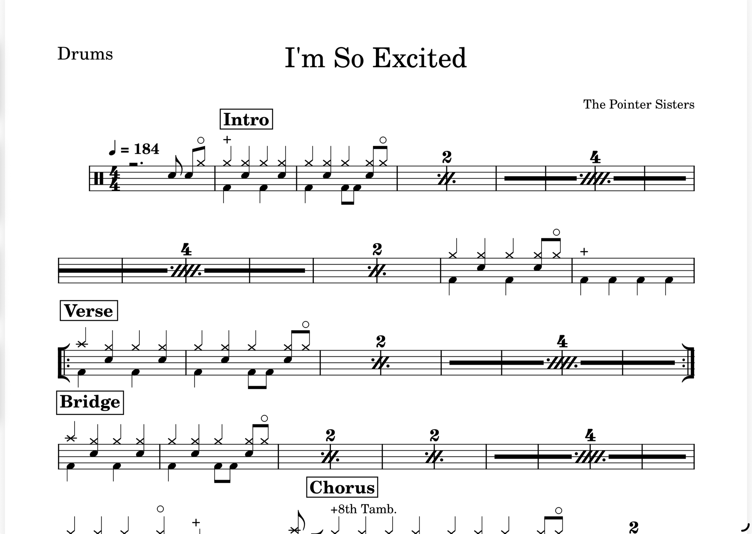 The Pointer Sisters - I’m so excited (Drum Transkription, Sheet Music)