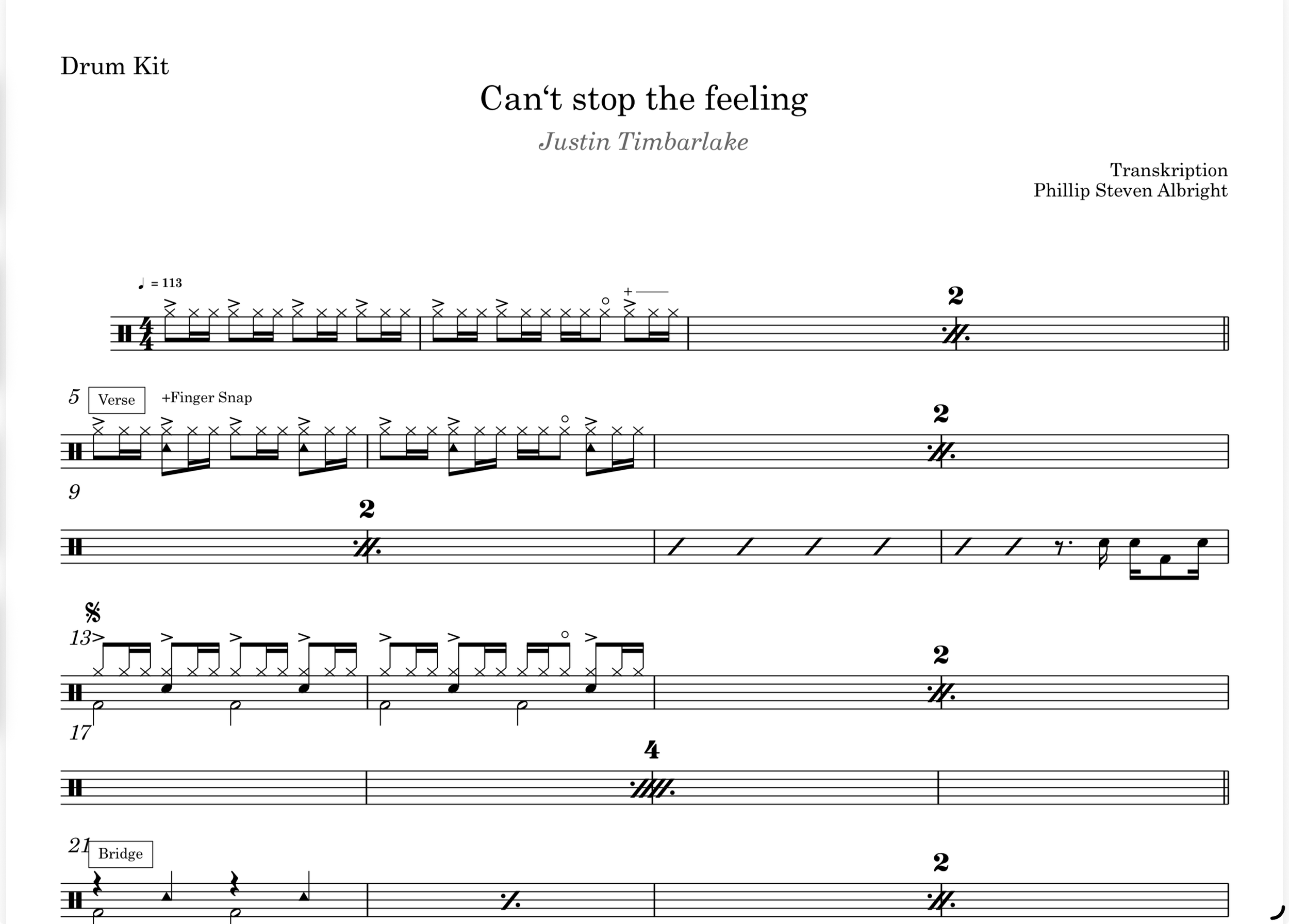 Justin Timberlake - Can’t stop the feeling (Drum Transkription, Sheet Music)