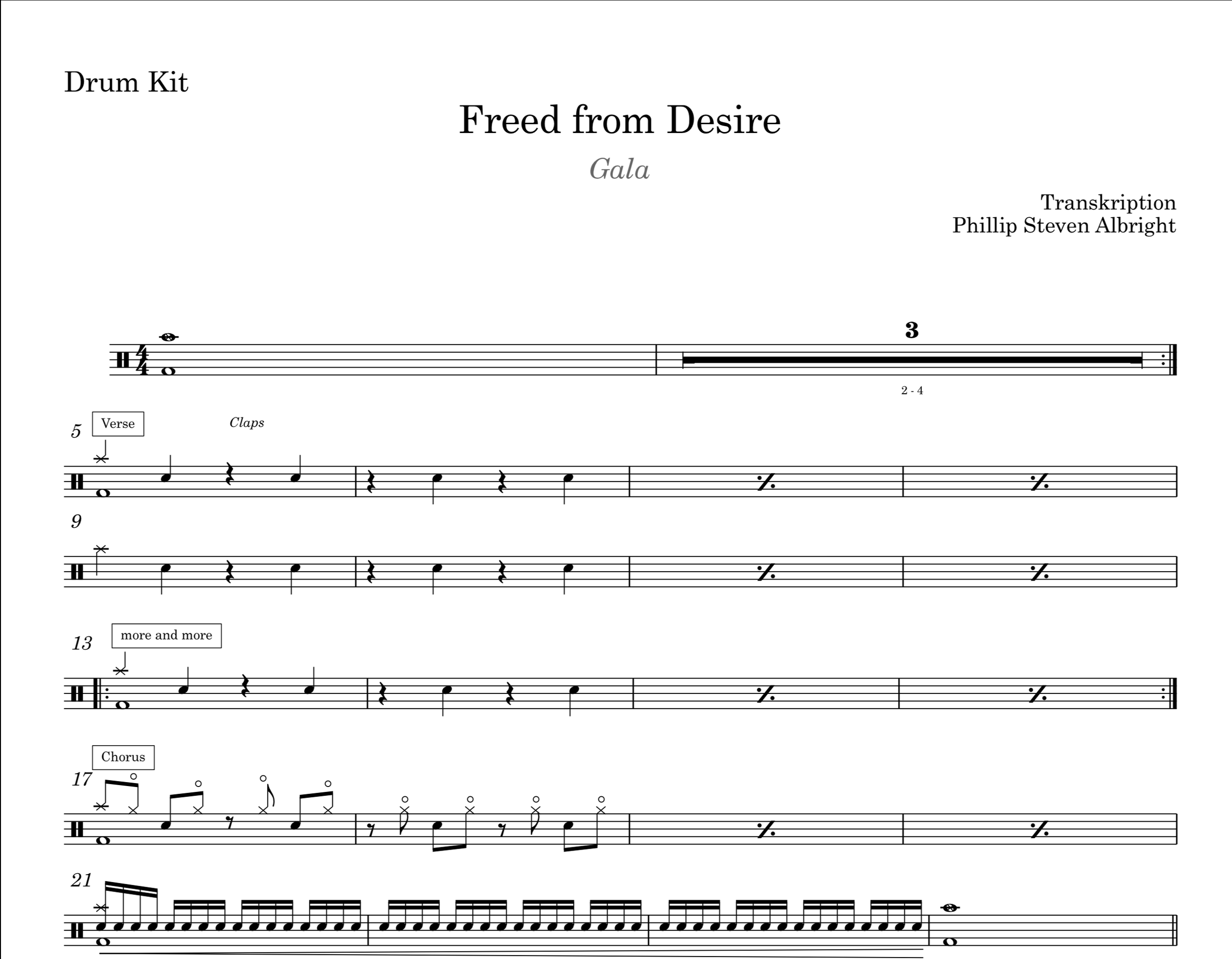 Gala - Freed from desire (Drum Transkription, Sheet Music)
