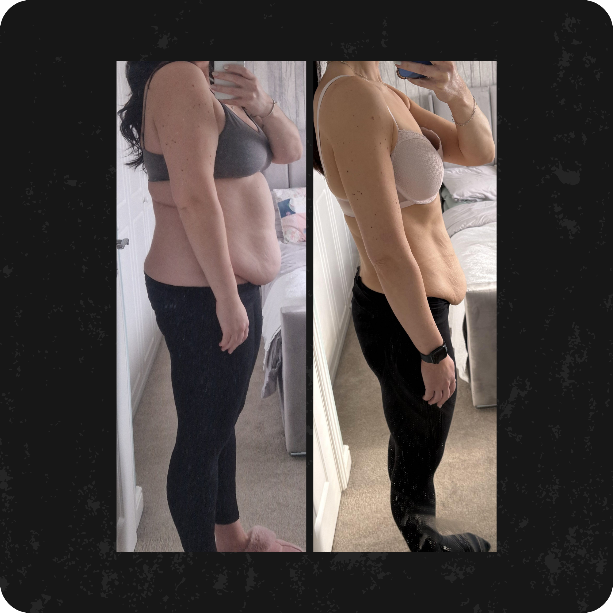 Side-by-side mirror selfies of a woman showing her body before and after wearing a bra, with the first image in casual clothing and the second in a beige bra and jewelry.