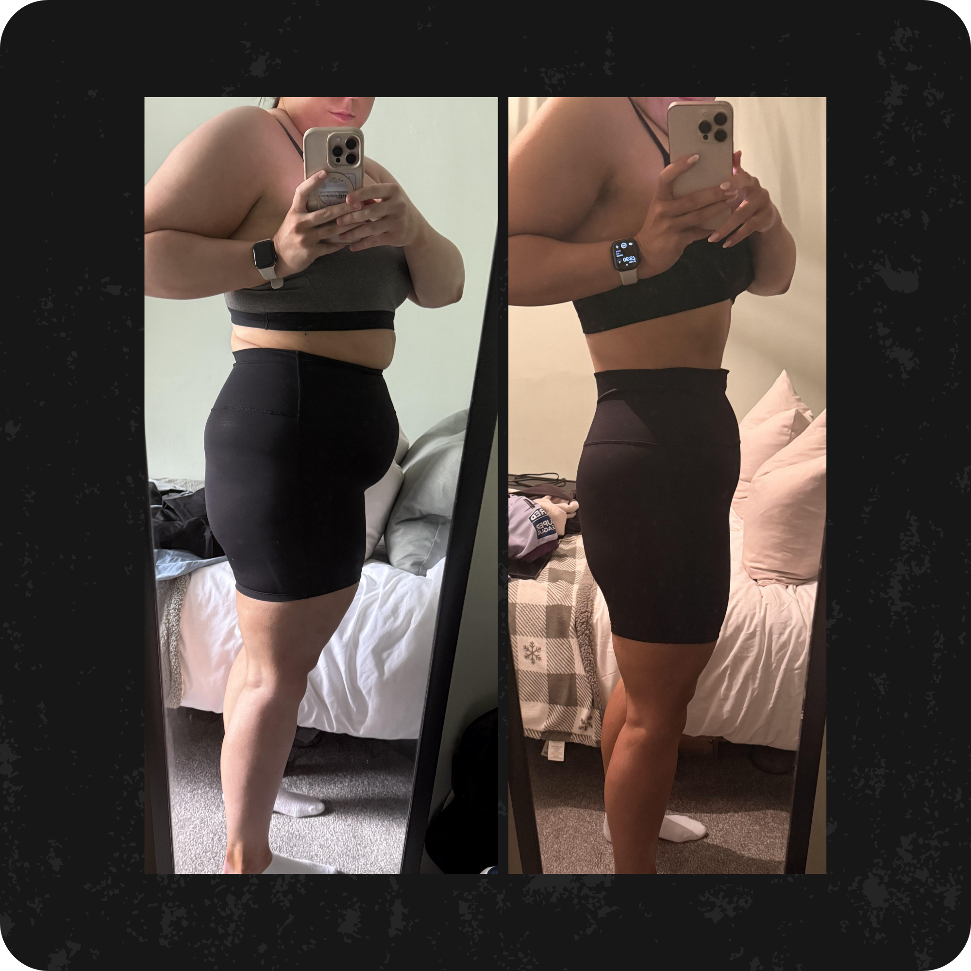 Side-by-side mirror selfies of a woman in athletic clothing, taking photos with a smartphone in a bedroom, showing her progress in fitness.