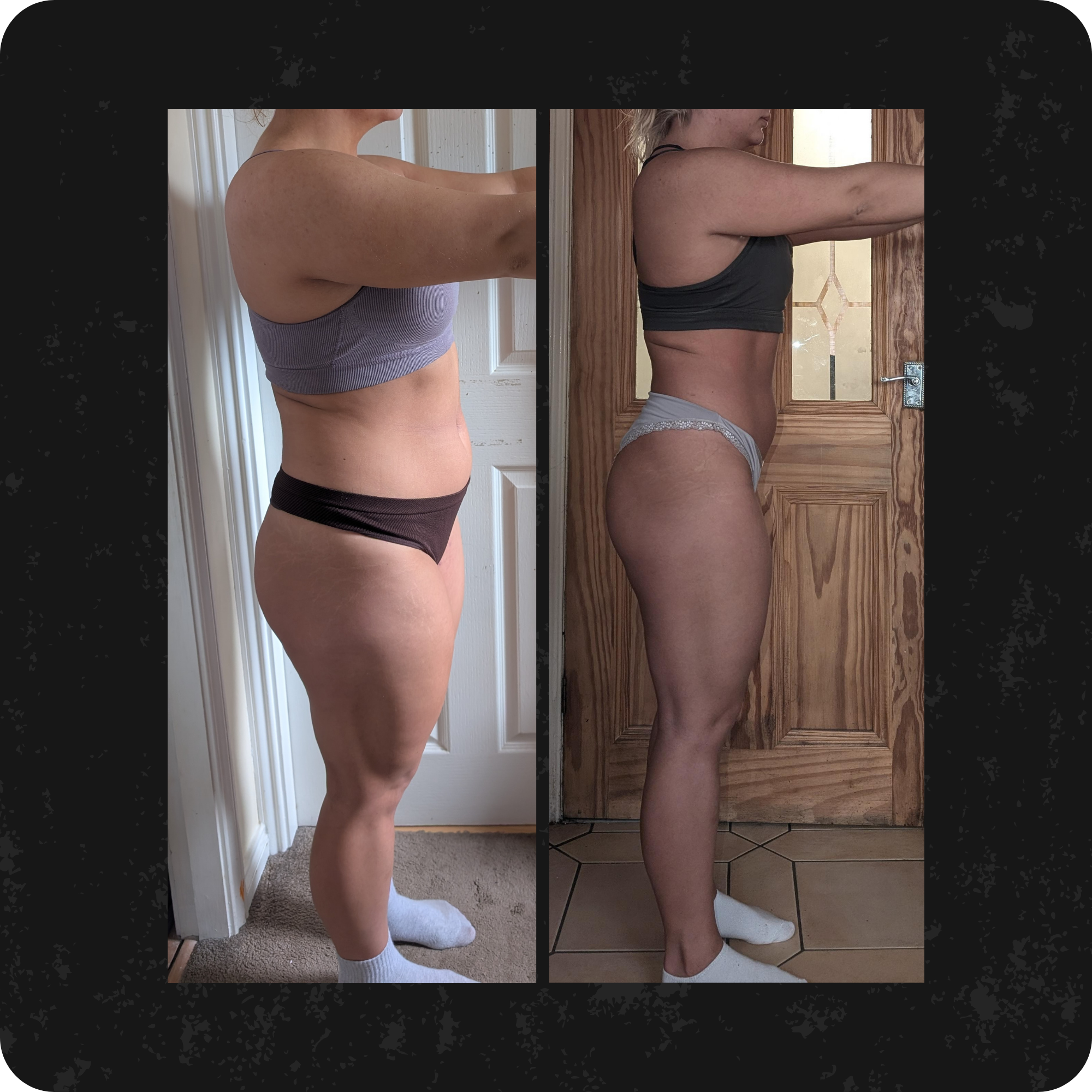 Side-by-side comparison of a person's arm and side profile before and after a fitness or weight loss transformation, showing reduced body fat and improved muscle tone.