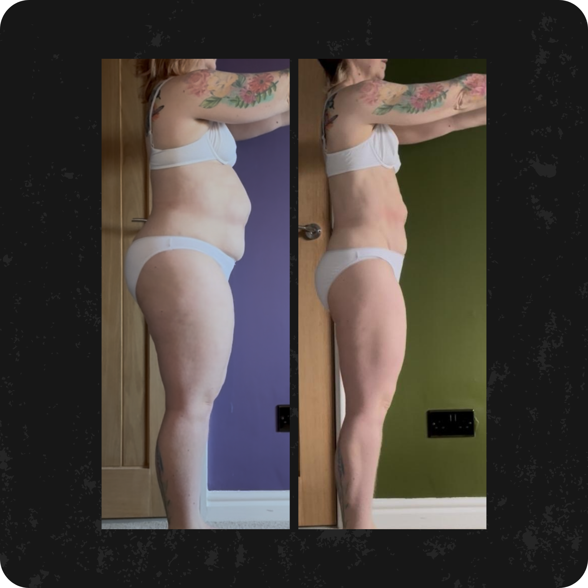 Comparison of two side-view images of a woman with a floral tattoo on her arm. She is lying down, wearing a white sports bra and white underwear, against different colored backgrounds.