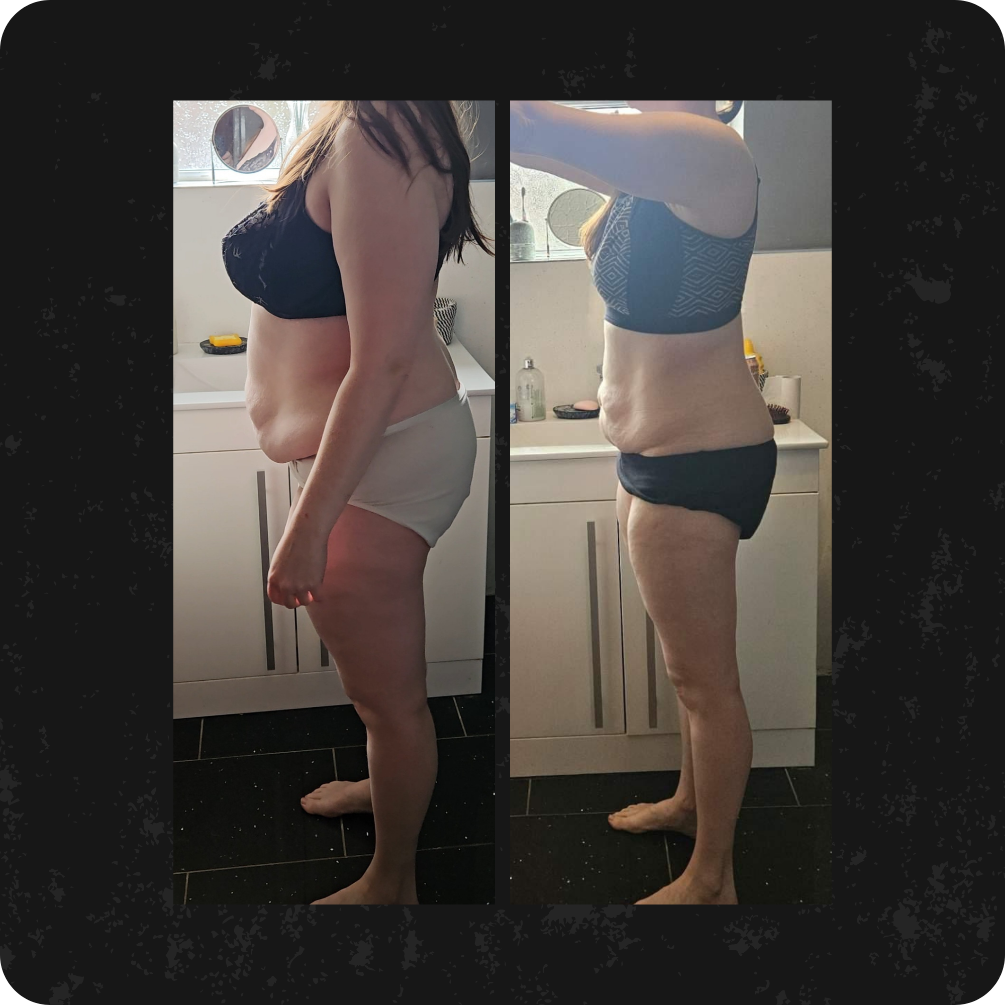 Side view of a woman standing in front of a bathroom mirror wearing a sports bra and underwear, with various toiletries on the bathroom counter.