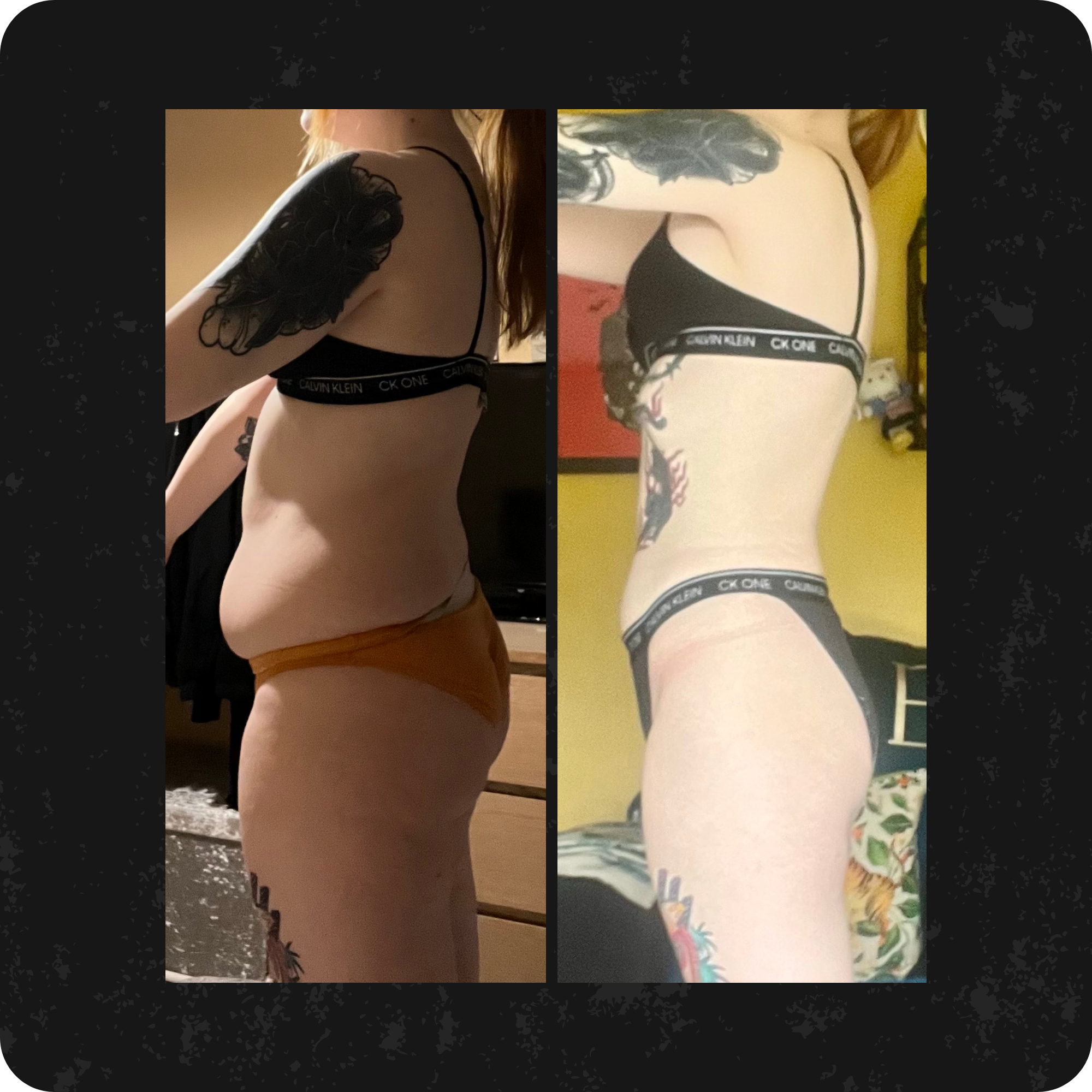 Side-by-side comparison of a woman before and after weight loss, showing her midsection and arm tattoos.
