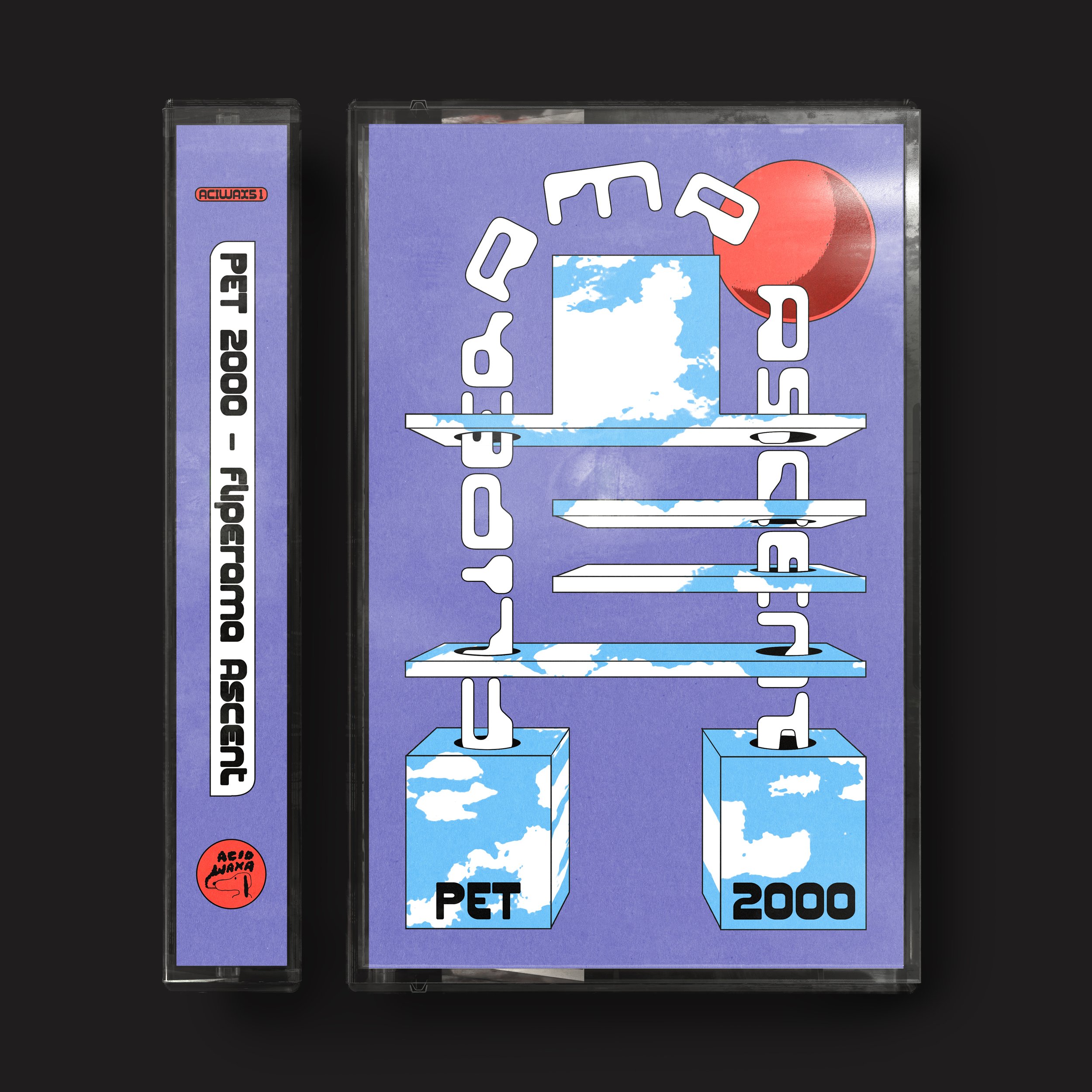 Cassette design for Pet 2000's album 'Fliperama Ascent' on Acid Waxa records, (2021). 