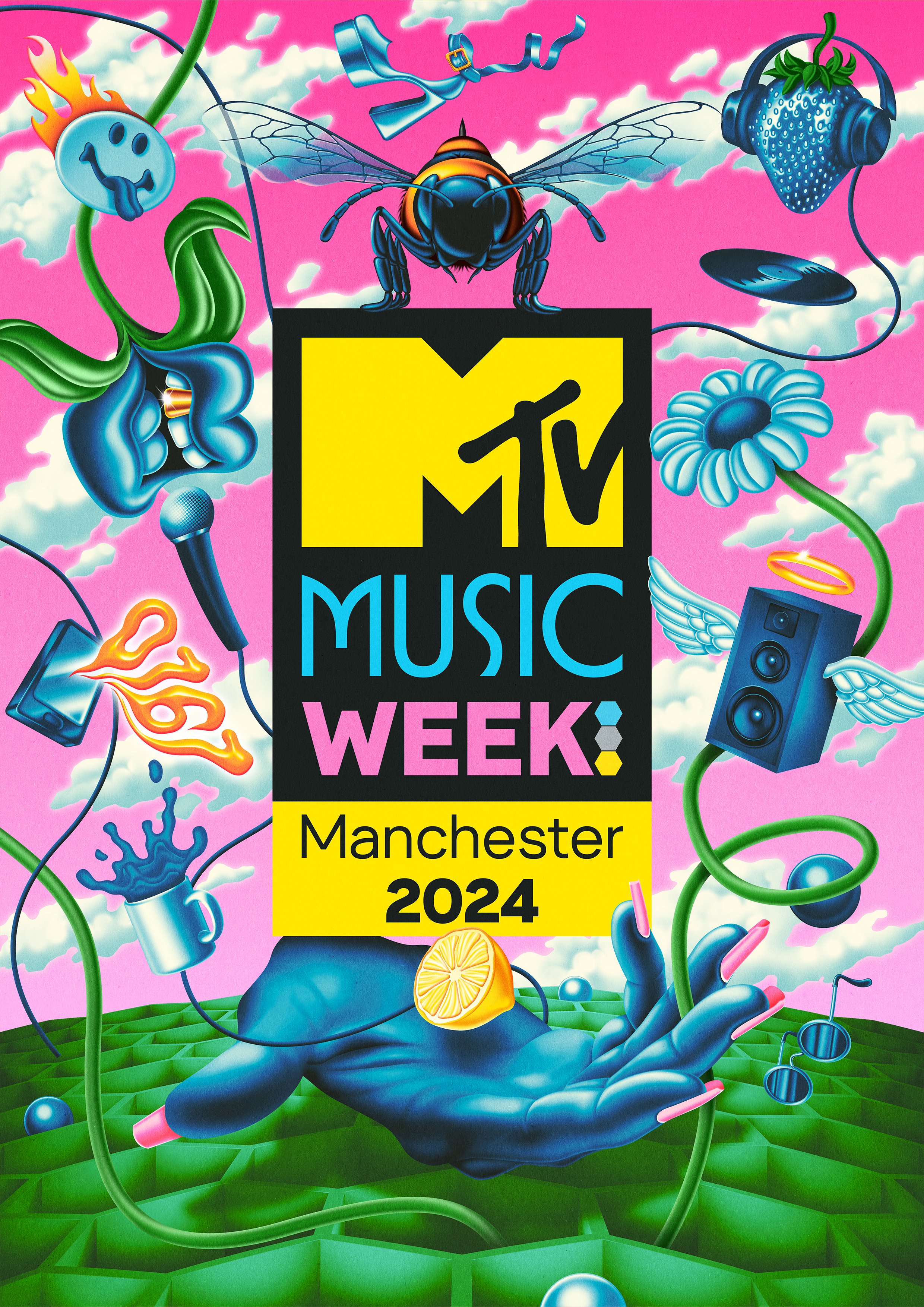 Illustration, art direction and design for the 2024 identity of MTV's Music Week, which took place in Manchester between the 8th and the 11th of November and ran alongside the partner event, the European Music Awards.

 I worked on this in conjunctio
