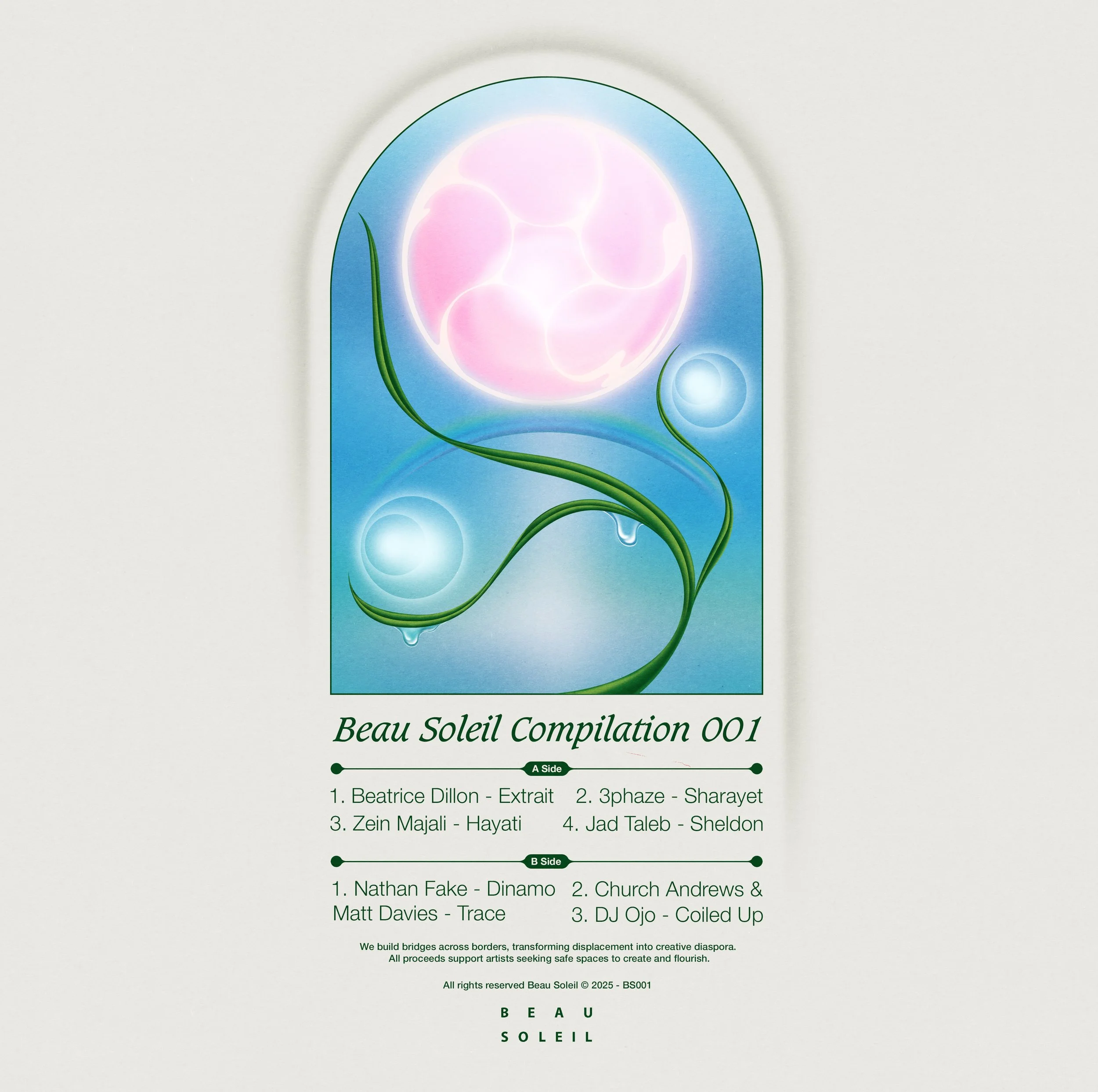 Artwork for 'Beau Soleil', a compilation raising money for displaced artists across the Levant. back cover, (2025).