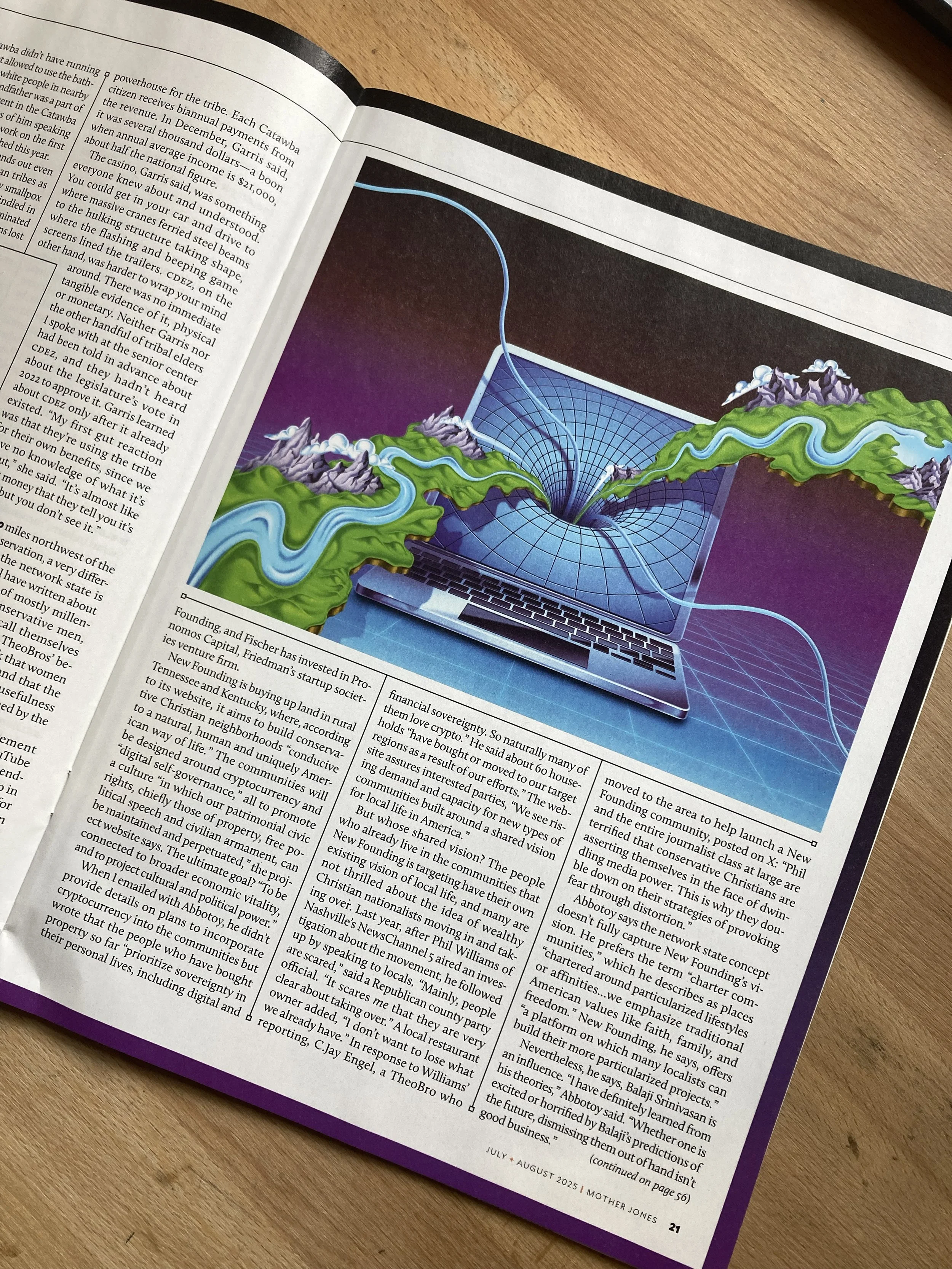 Editorial illustration, Mother Jones Magazine, for Kiera Butler's article 'Cyber Secessionists' 2025. 