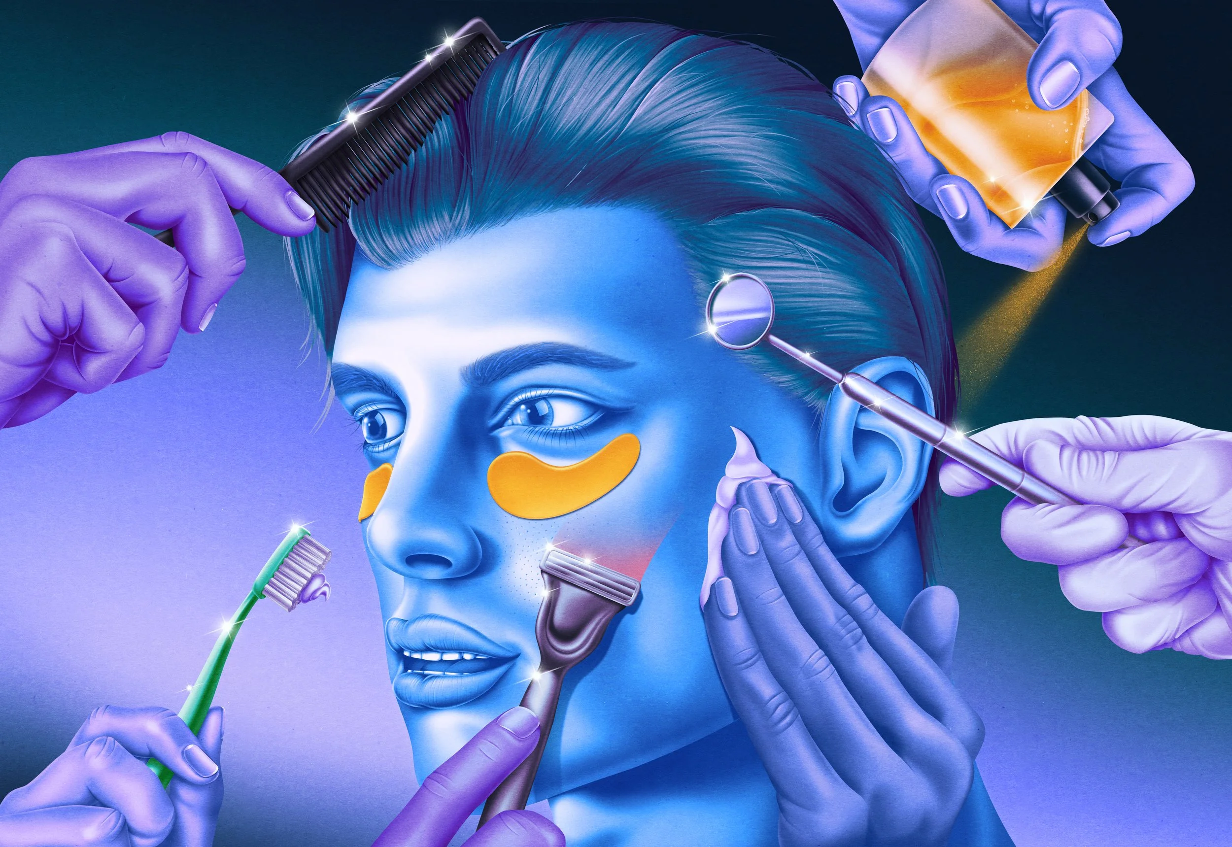 Global Grooming Taskforce, GQ Magazine, April/May 2026, in collaboration with Jacky Winter and Art Direction from Mike Cathro. Double page illustration. 1 of 5.