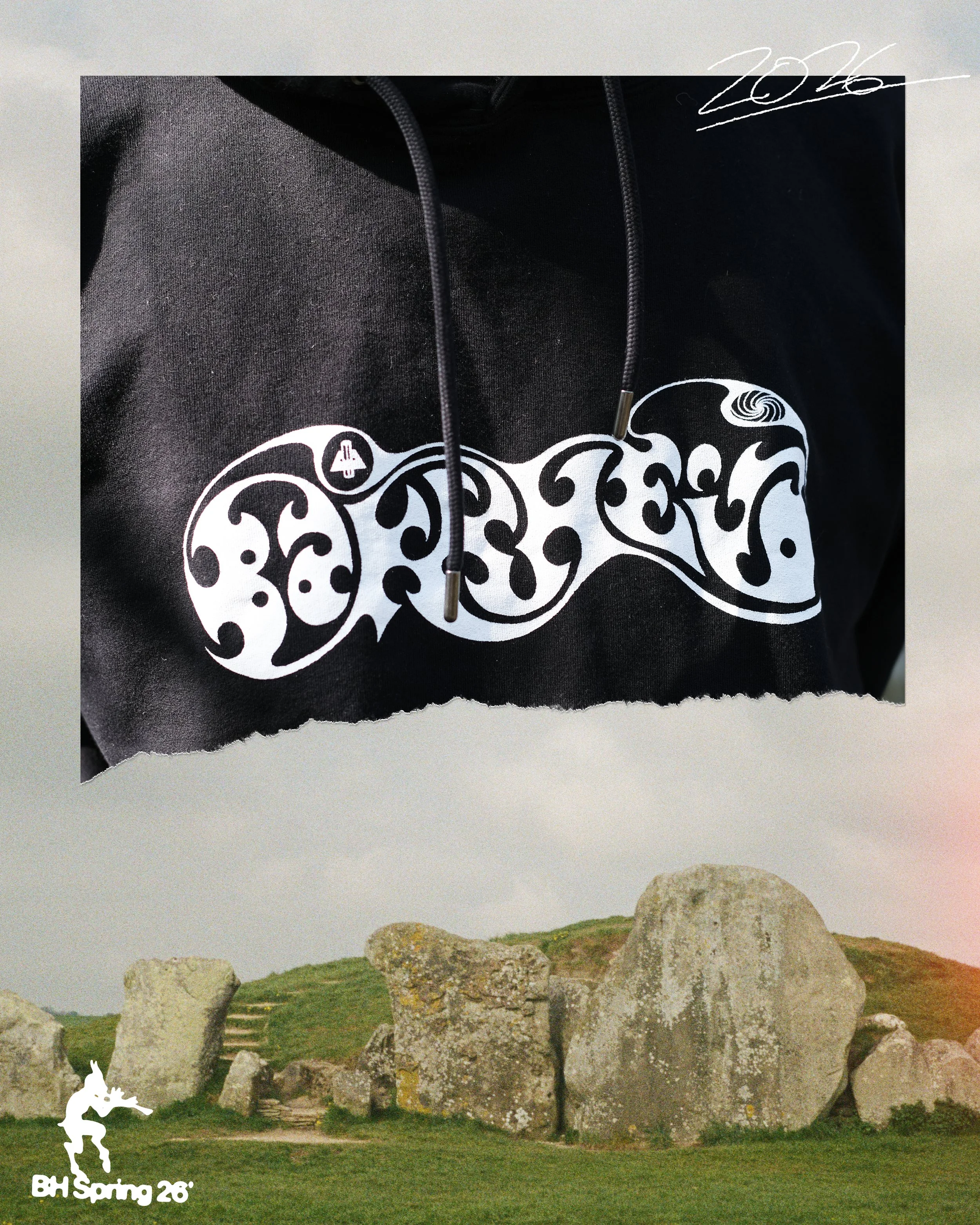 Hoody and T shirt design and editorial collage for Bakkheia Records, 2026.