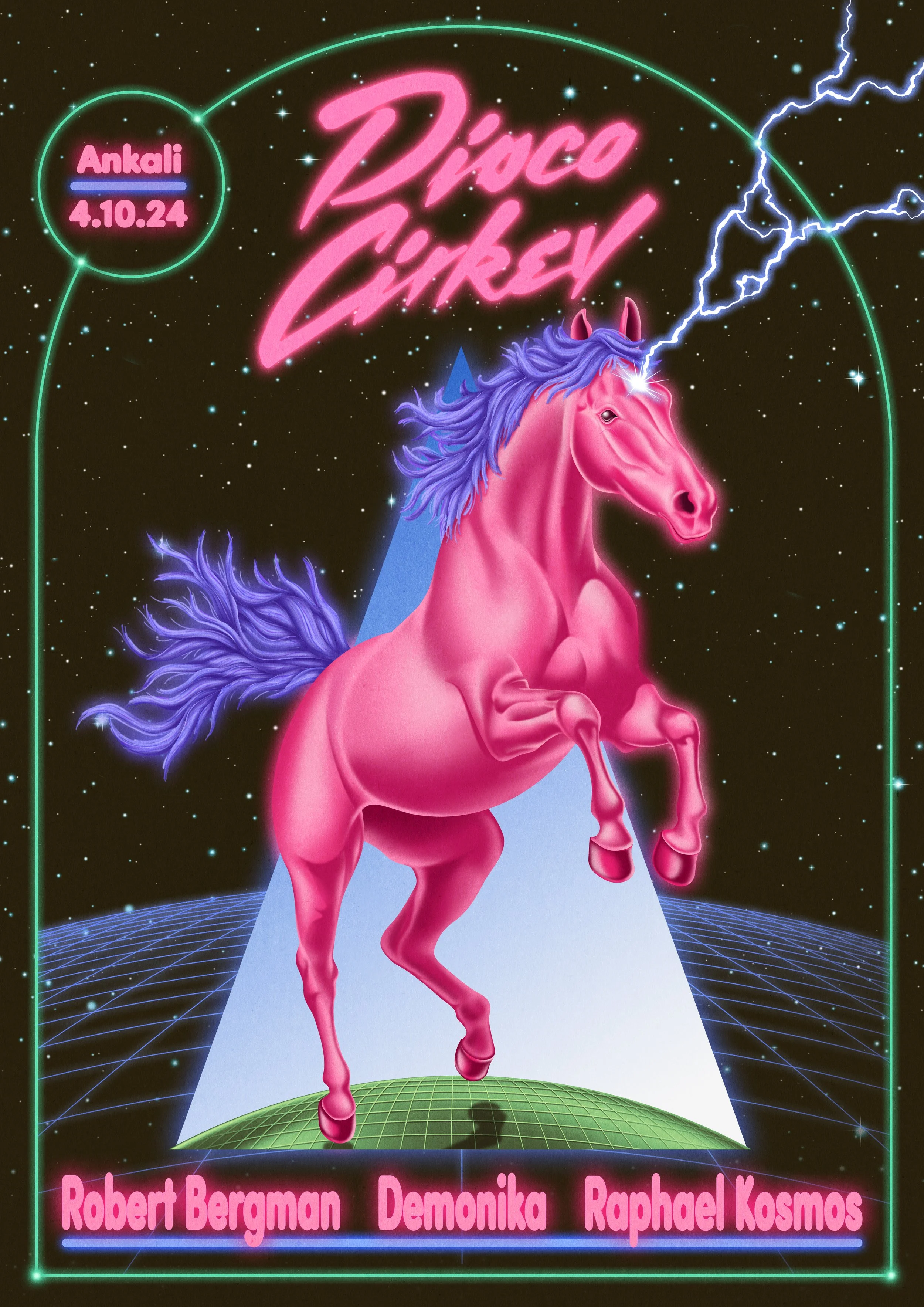 Poster for Prague based party Disco Cirkev, referencing classic Italo disco imagery, (2024).
