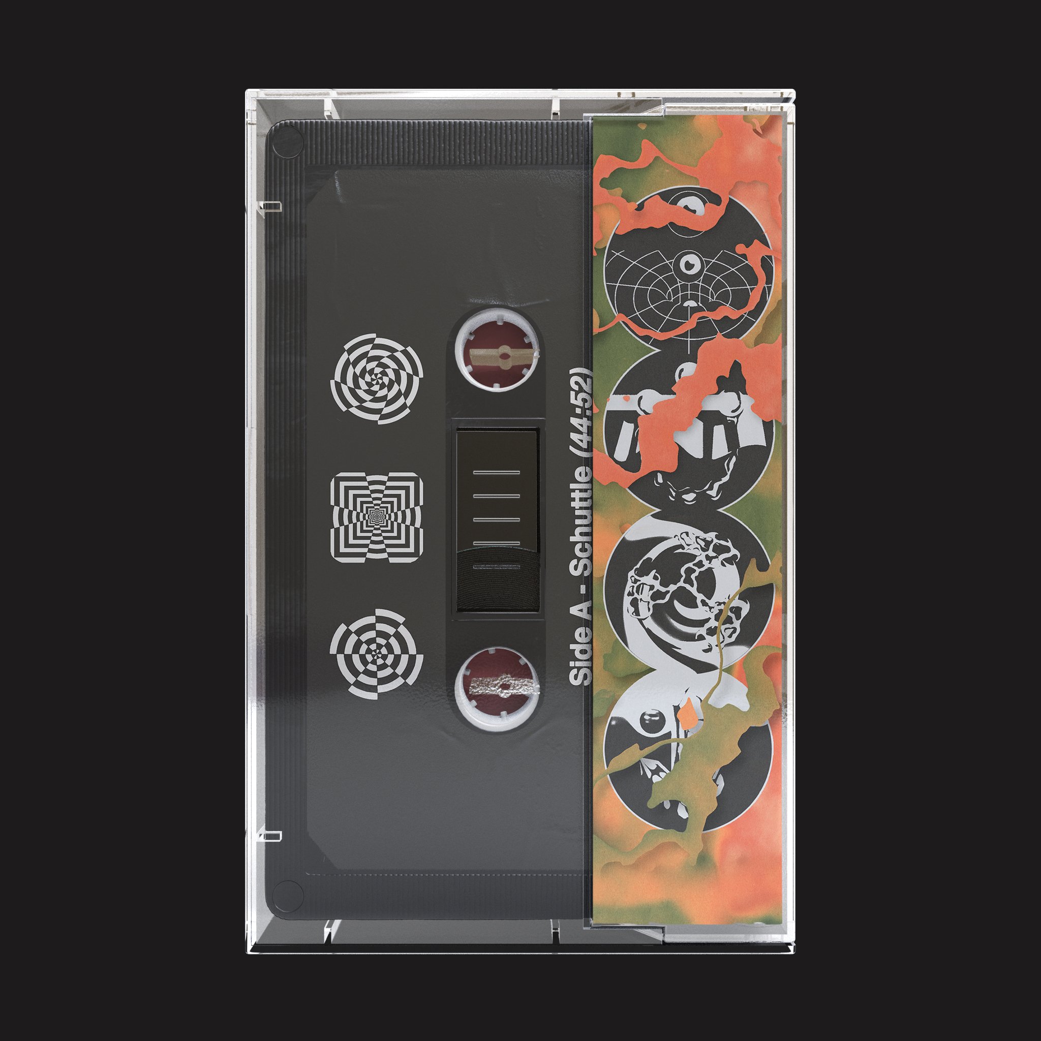 Cassette design for Schuttle and Jorg Kuning's split mixtape on Bakkheia records, (2022). 