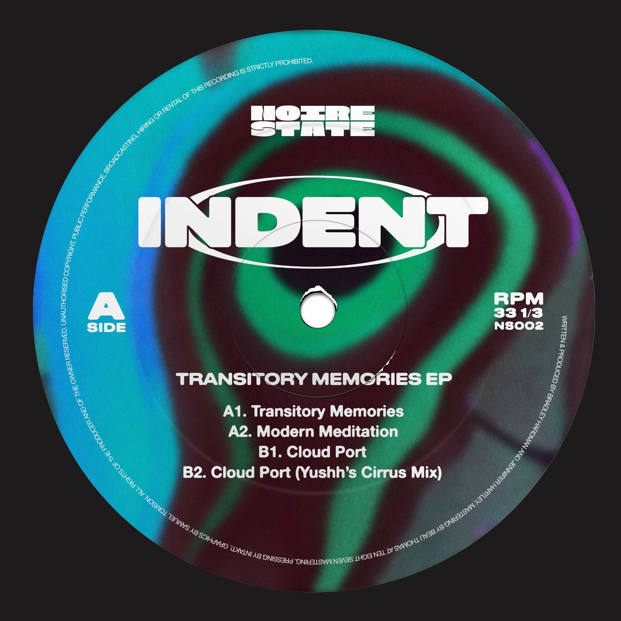 Centre label design for Indent's 'Transitory Memories' EP on Noire State, (2021). 