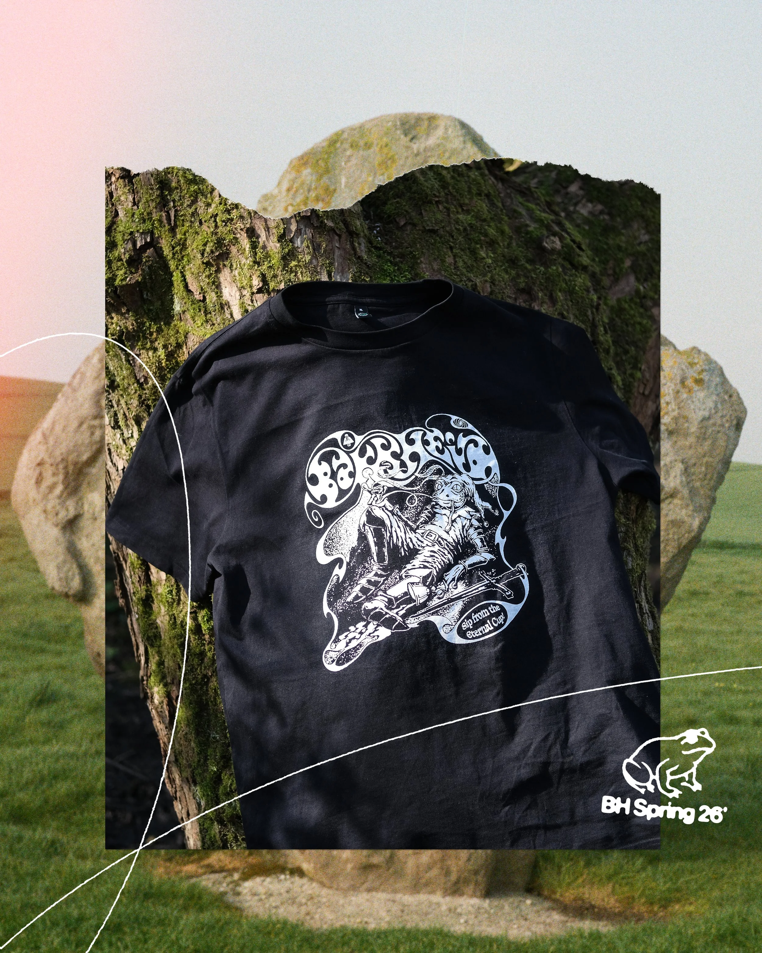 Hoody and T shirt design and editorial collage for Bakkheia Records, 2026.