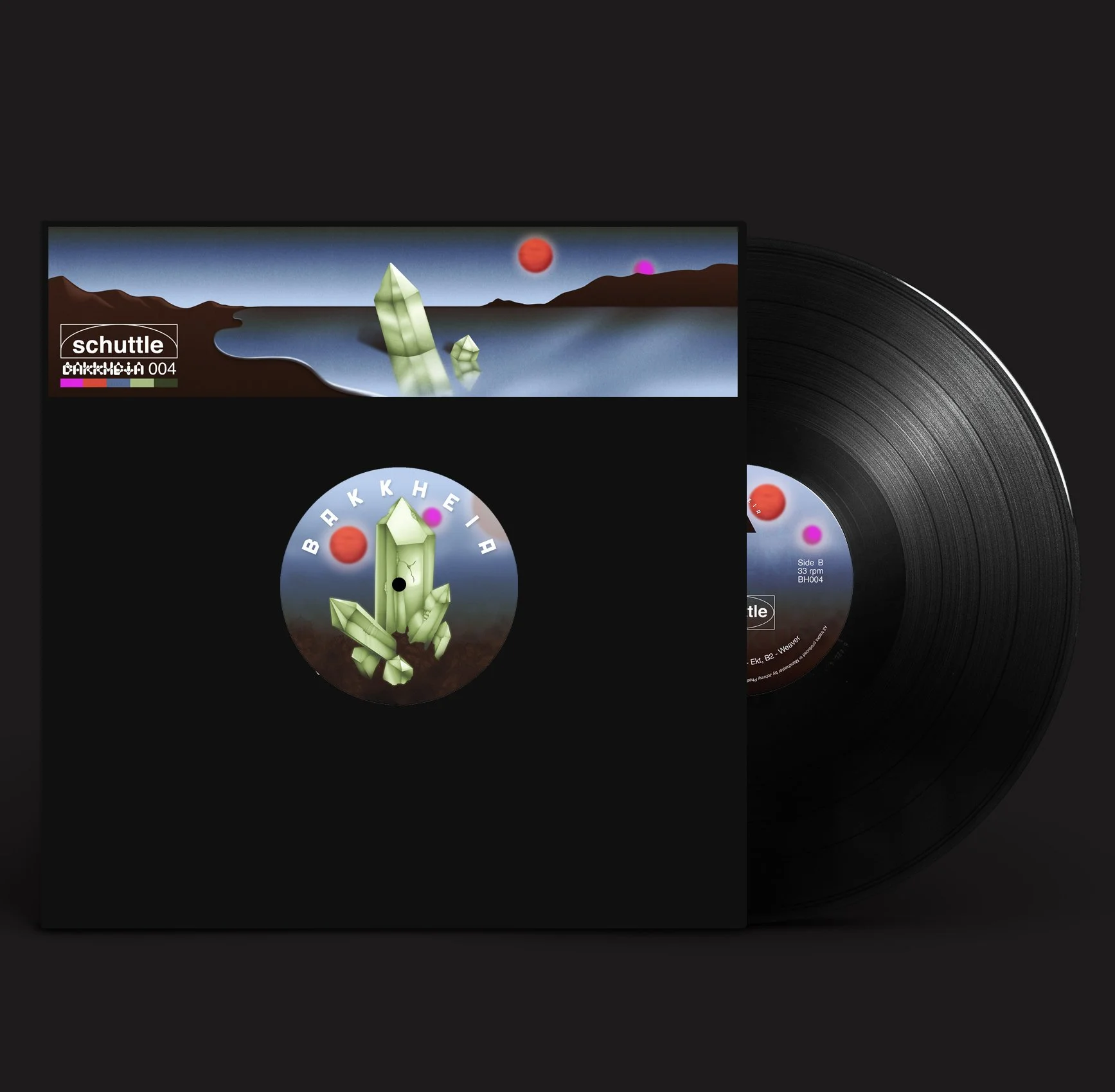 Centre label and top sticker design for Schuttle's EP on Bakkheia, BH004, (2022). 