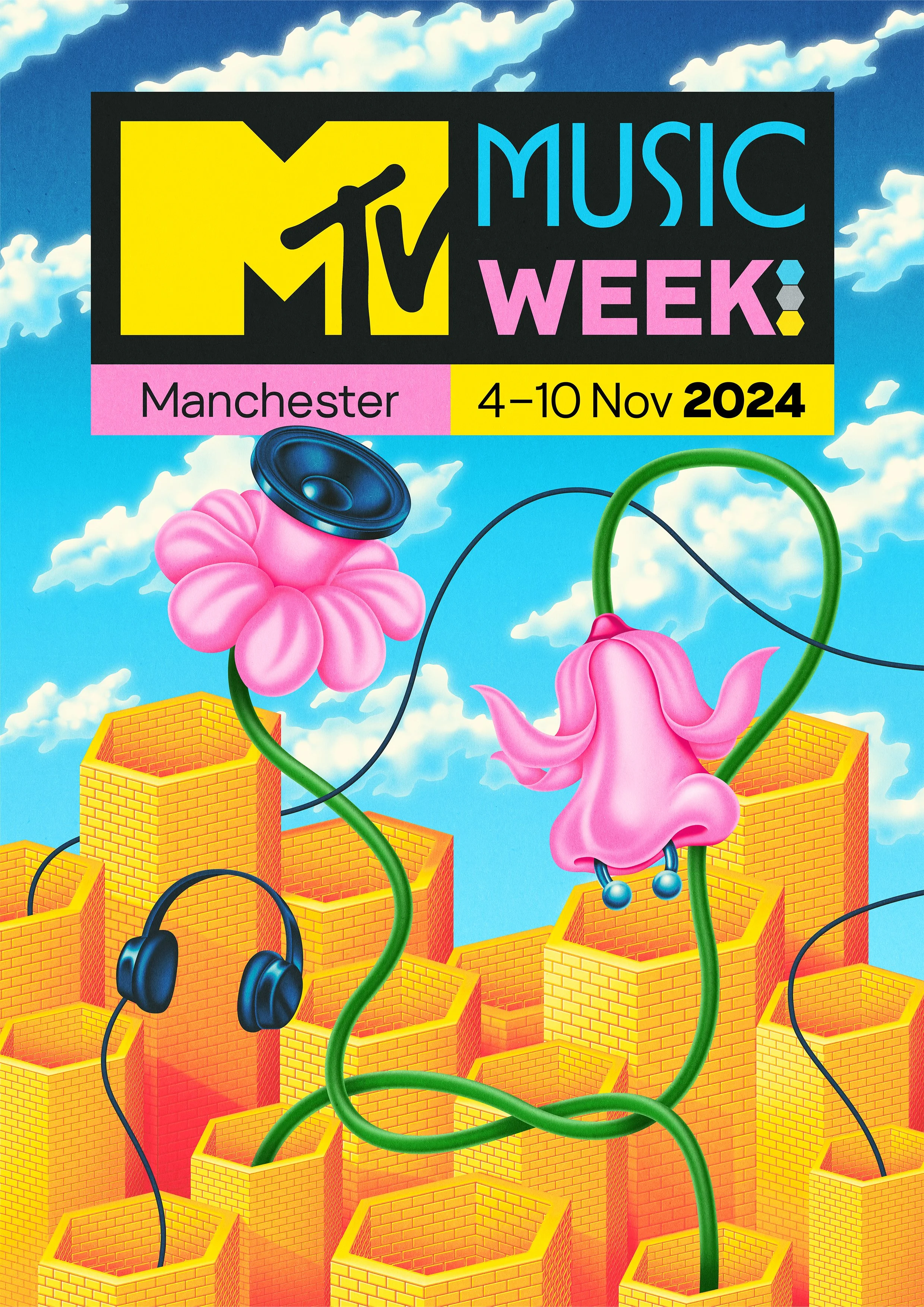 Illustration, art direction and design for the 2024 identity of MTV's Music Week, which took place in Manchester between the 8th and the 11th of November and ran alongside the partner event, the European Music Awards.

 I worked on this in conjunctio