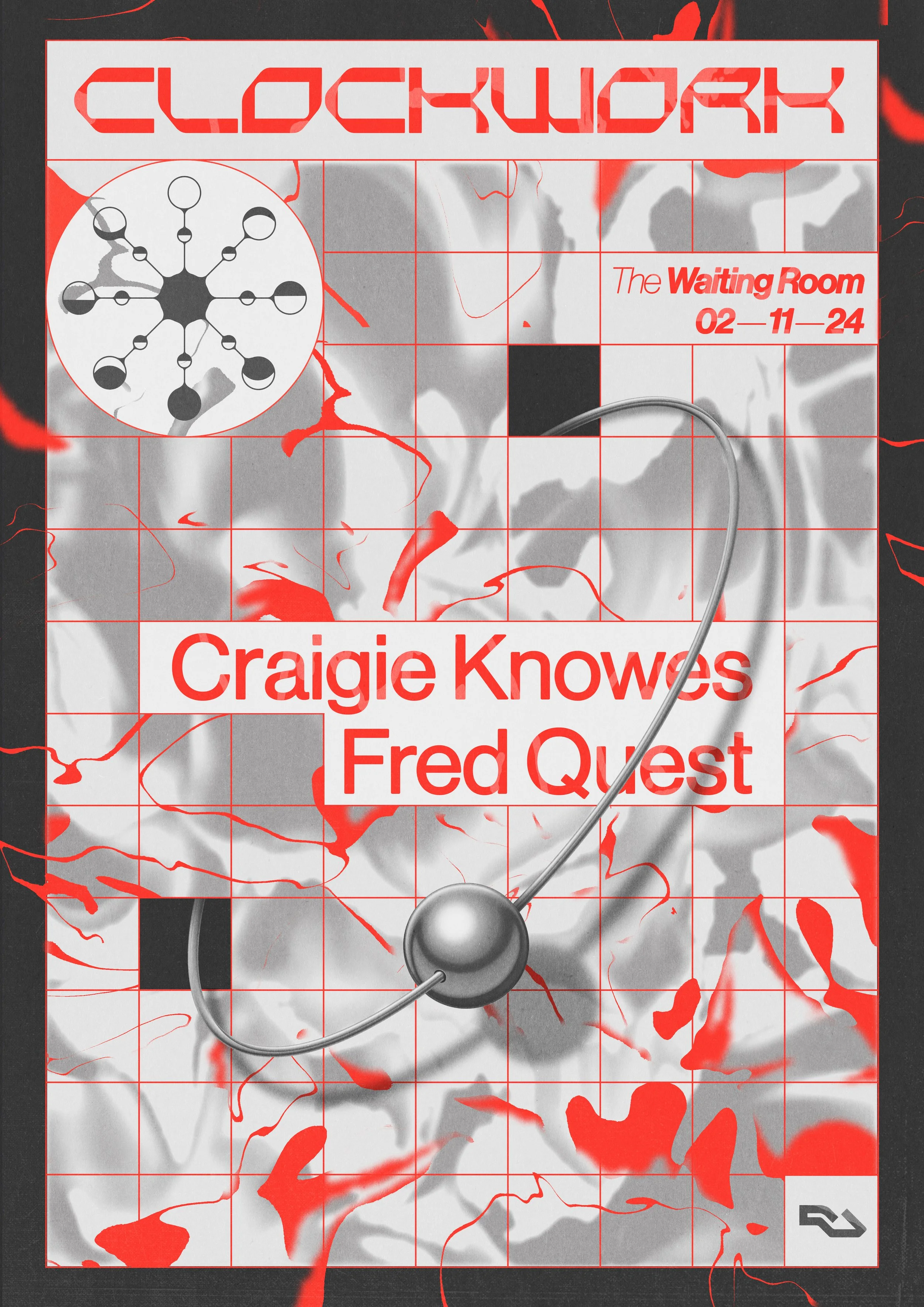 Poster for clockwork, conceptual party which takes place twice a year when the clocks change, a concept reflected across the design.