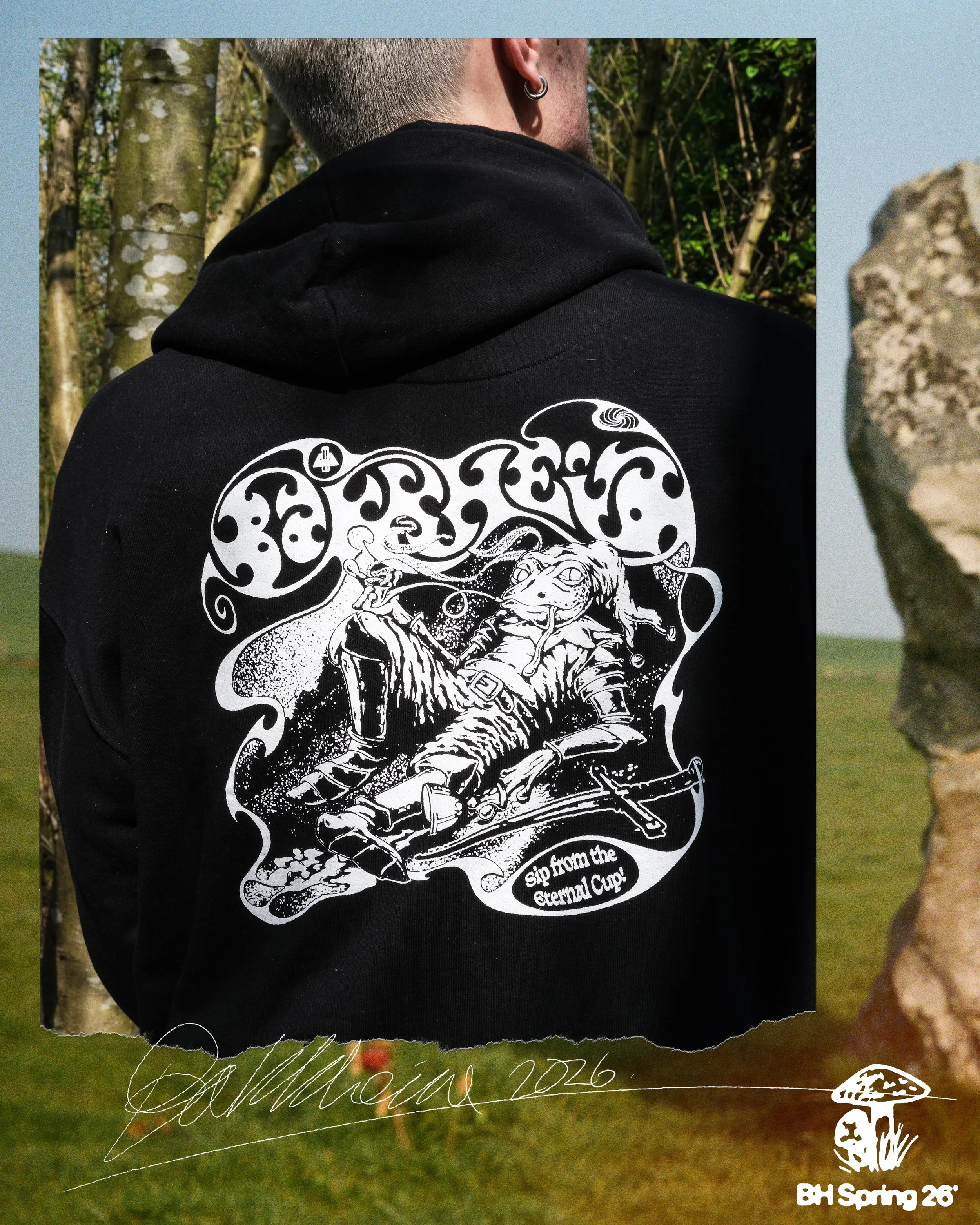 Hoody and T shirt design and editorial collage for Bakkheia Records, 2026.