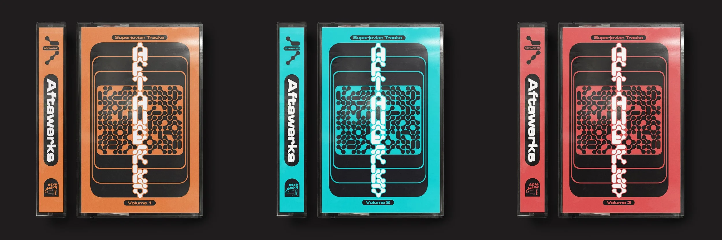 Cassette design for Aftawerks 3 volume album 'SuperJovian Tracks' on Acid Waxa records, (2020). 