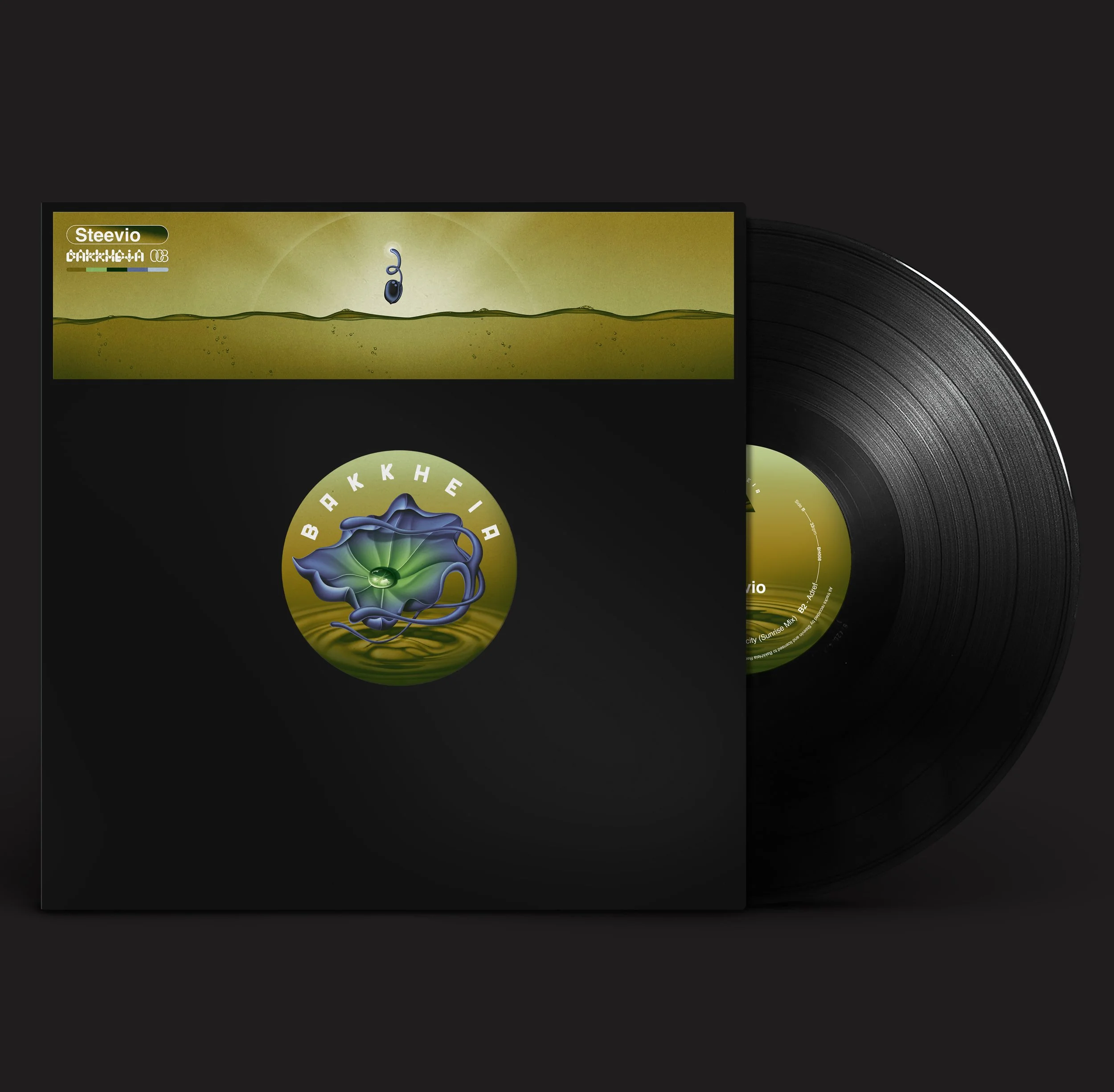 Centre label and title sticker design for Bakkheia 010. Steevo's Apricity EP. 2025.