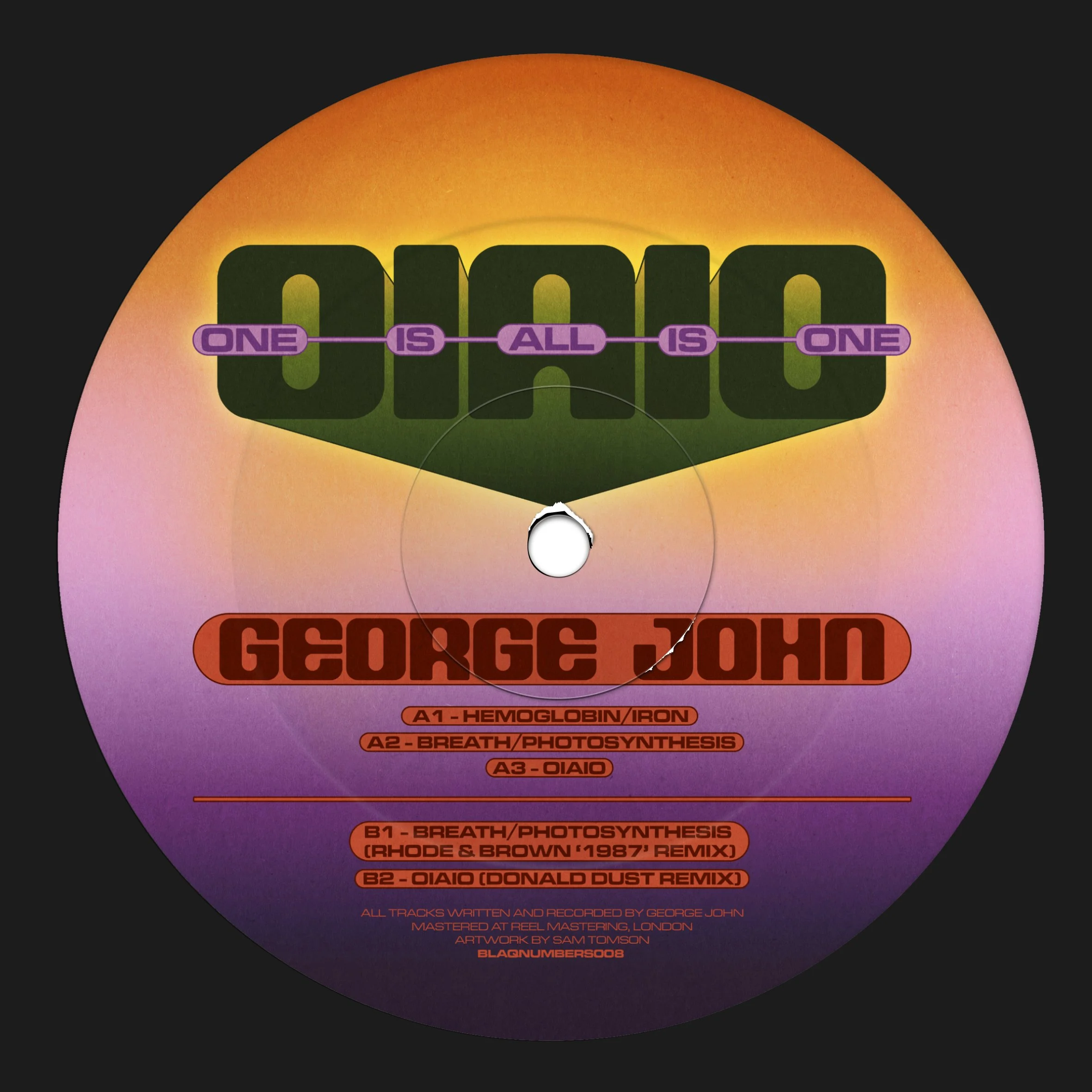 Centre label design for George John's EP 'OIAIO' on Blaq Numbers, (2021). 