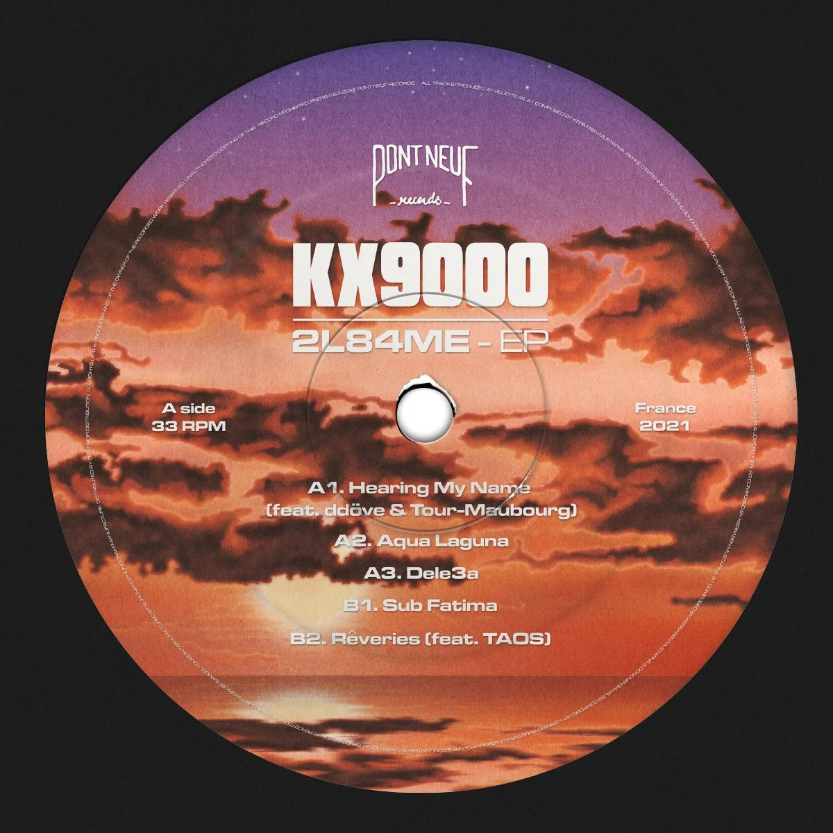 Centre label for KX9000's album '2L84ME' on Pont Neuf records, 1/2, (2021).