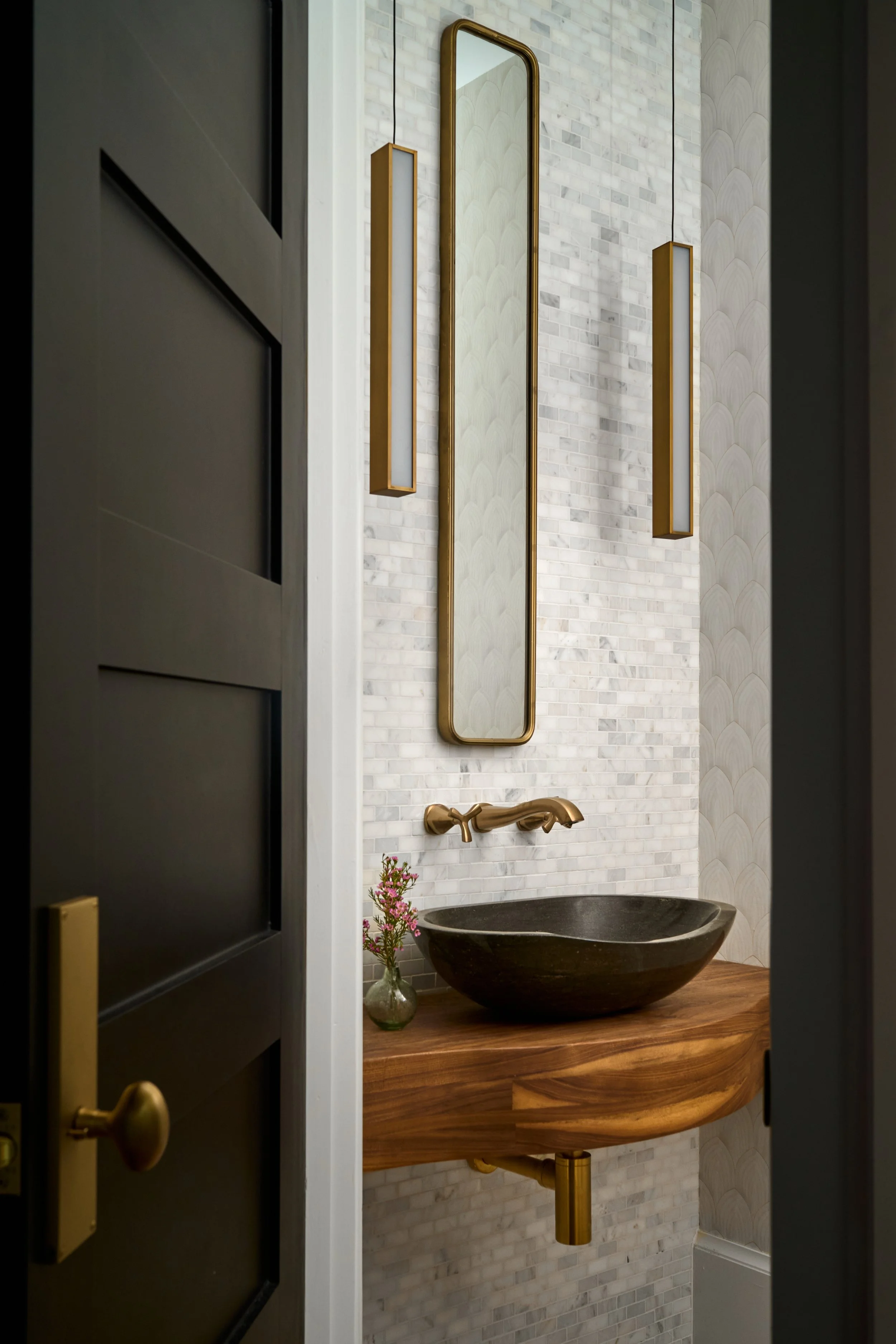 powder room with hanging pendant lights 