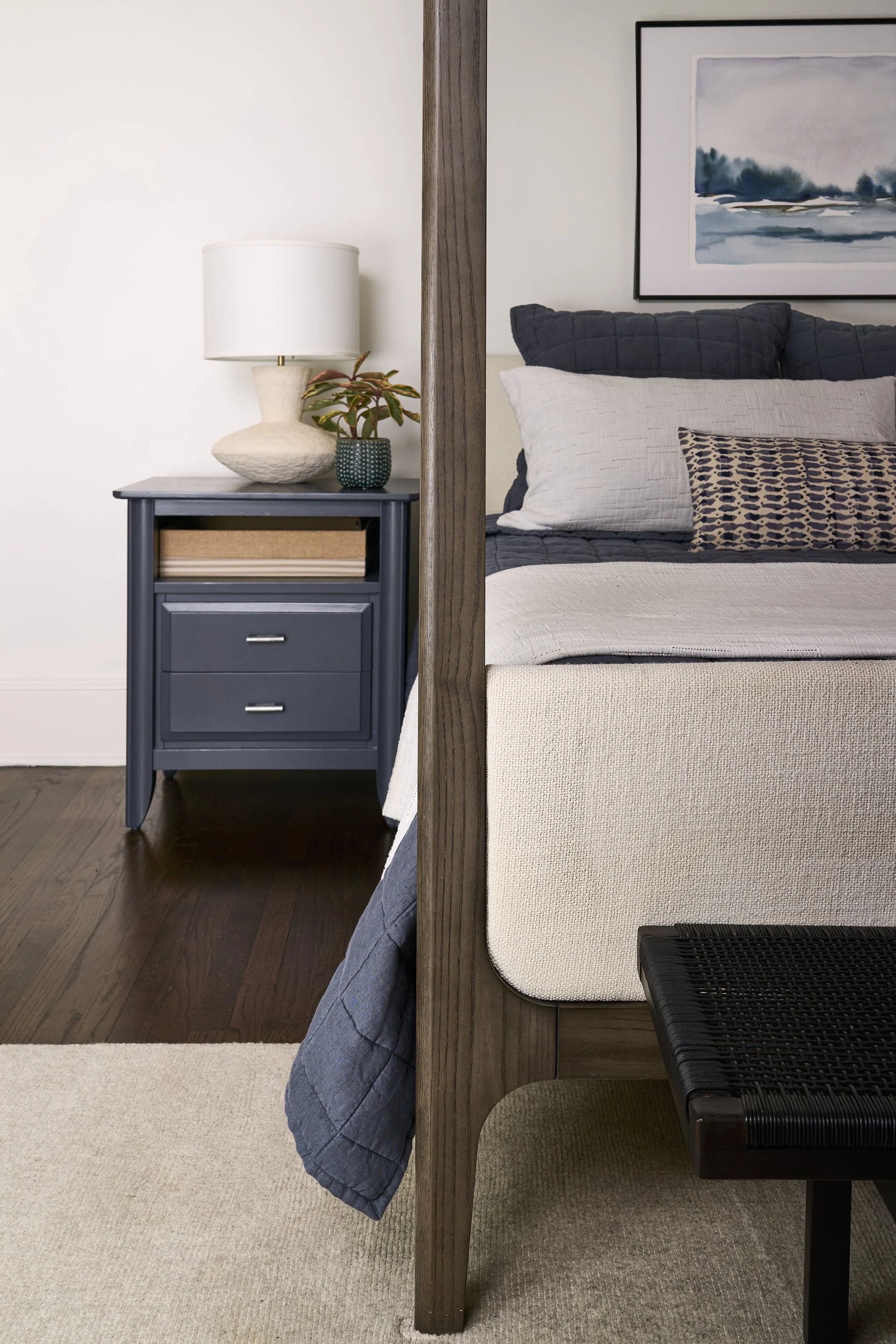 Editorial interior photograph of a master bedroom in Charlotte, NC.