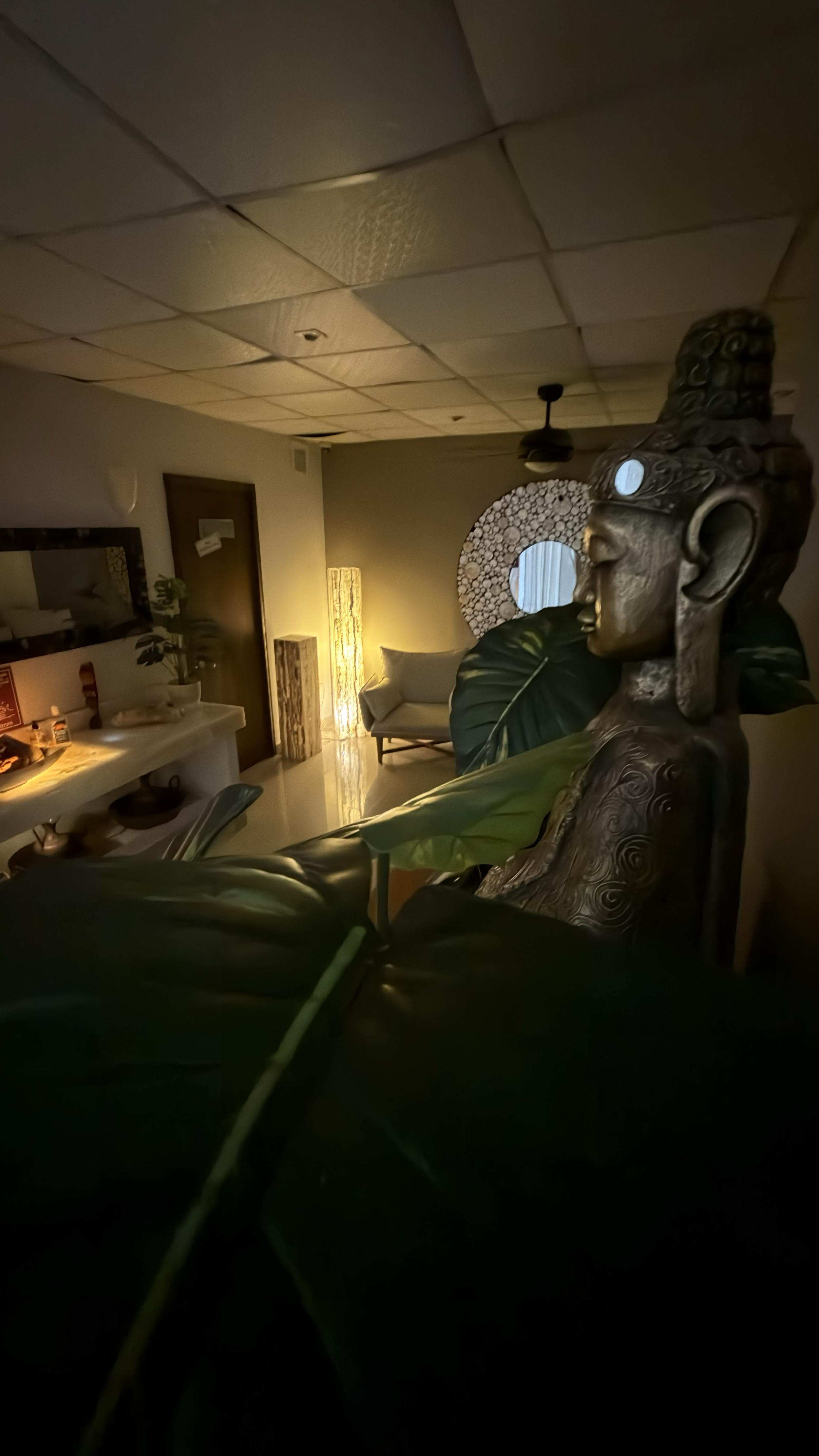 Sala de interiores con escultura de una cabeza humana con detalles africanos, plantas decorativas y luz suave