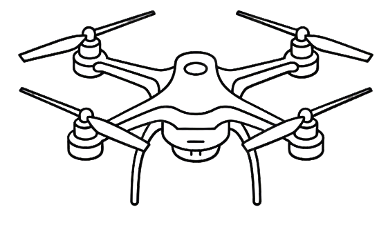 Black and white line drawing of a generic drone, showcasing its design and structure in a minimalist style.