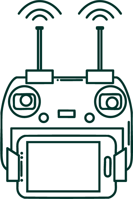 Line drawing of a drone with two antennas and a screen, illustrating remote control signals on a display screen.