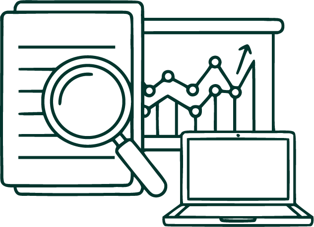 Line art depicting data exporting from a device and analysis