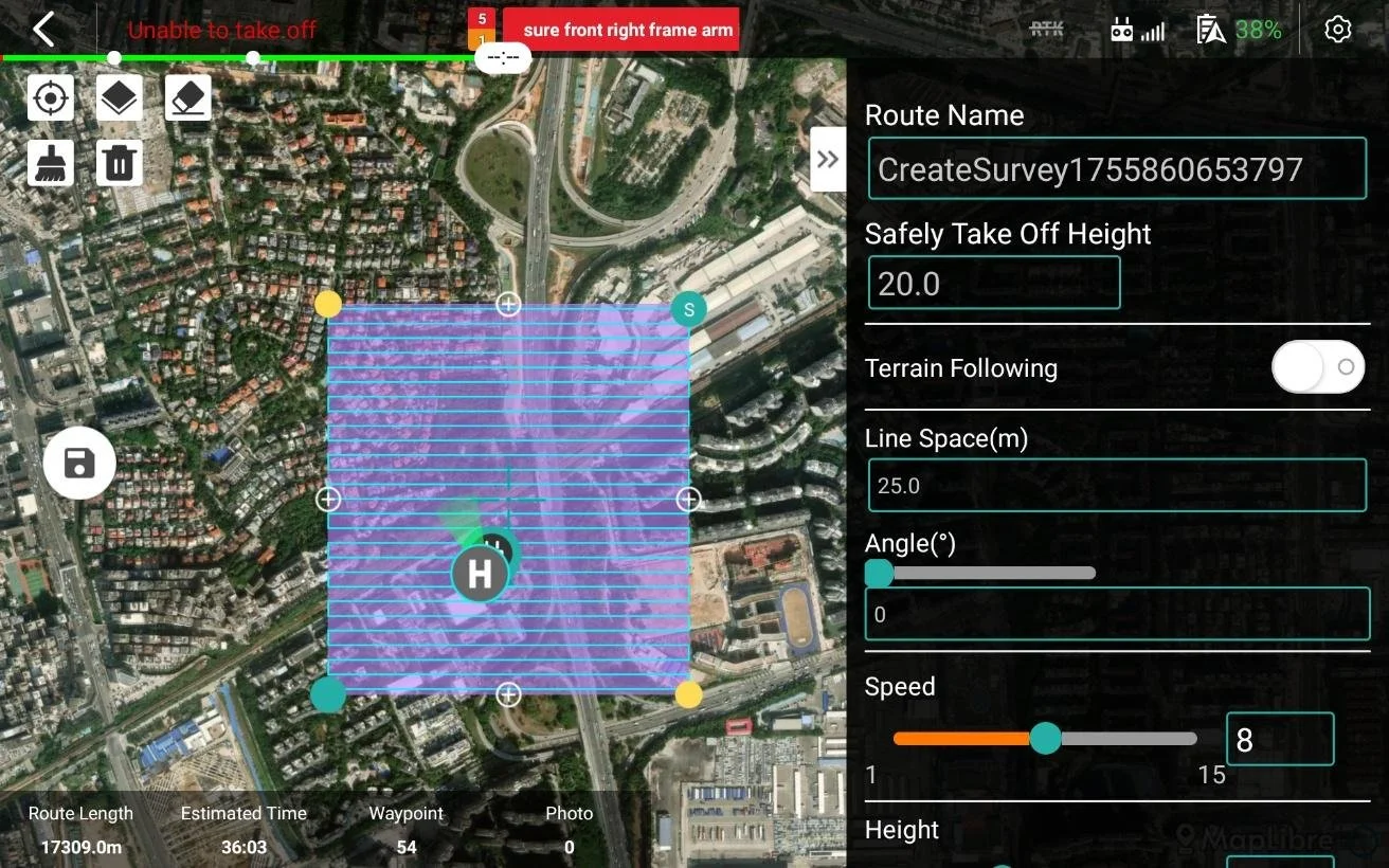 Purway software map indicating a drone and payload's position in the designated area for scanning methane leaks.