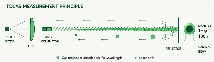 Diagram illustrating the TDLAS measurement principle, detailing how Tunable Diode Laser Absorption Spectroscopy operates