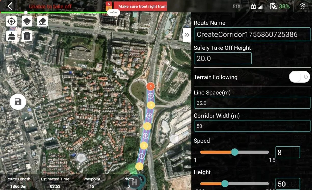 Purway software map indicating a drone and payload's position in the designated route for scanning methane leaks.