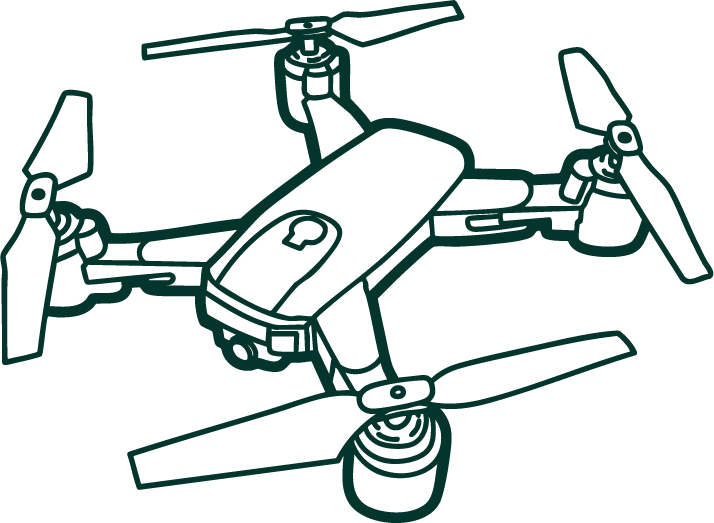 Line art drawing of a drone flying in the air, showcasing its sleek design and unmanned aerial capabilities