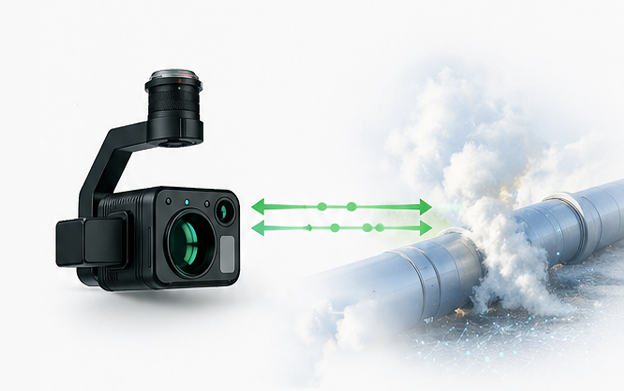 A Purway UAV TDLAS methane detector with a green light, positioned near a leaking pipeline to demonstrate its functionality