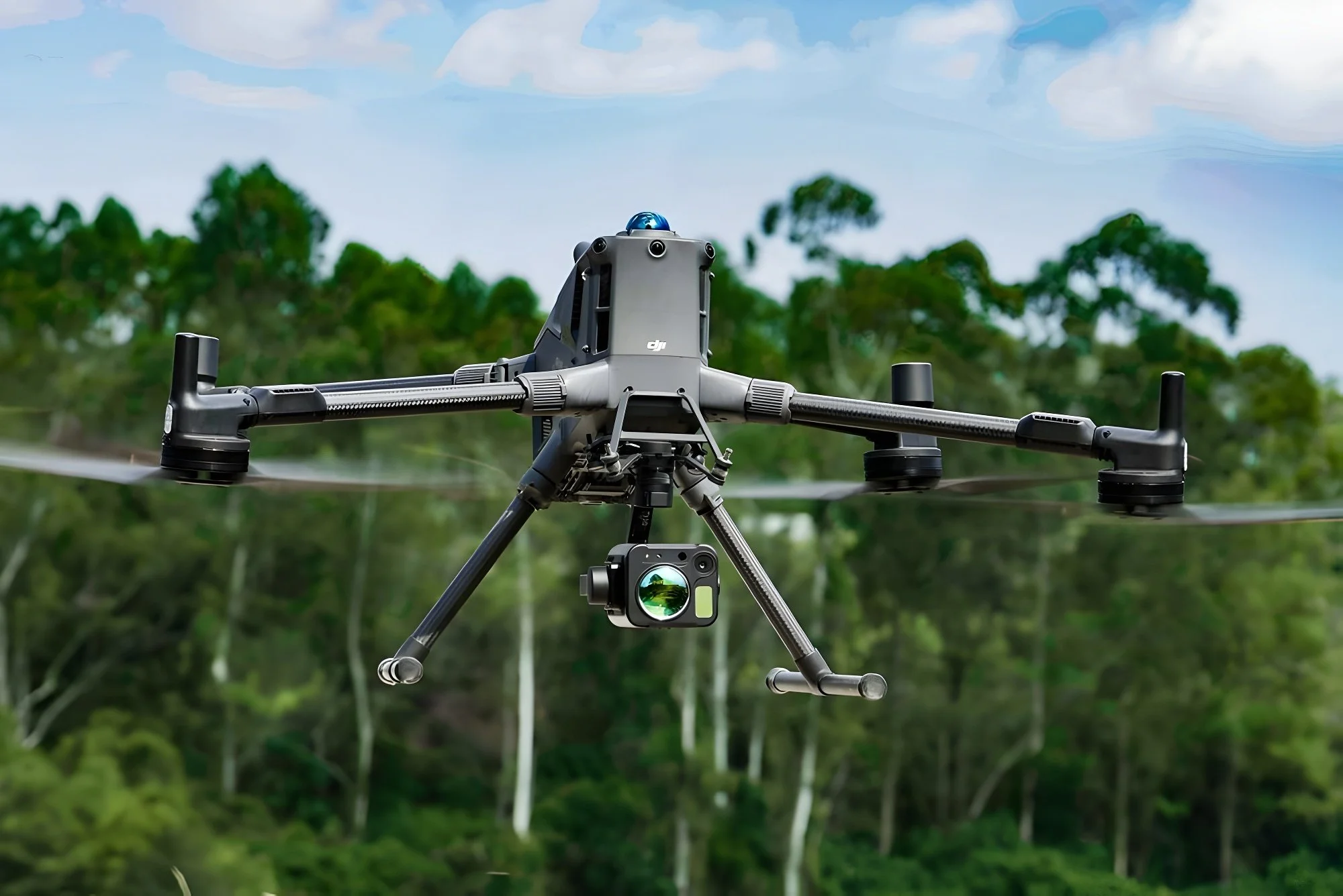 A DJI drone equipped with a Purway TDLAS methane detector flying over a lush green forest area