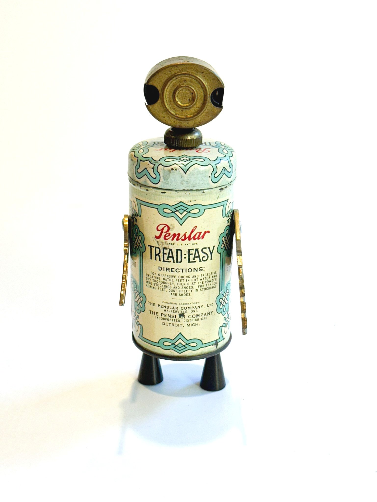 AVAILABLE.
"Penny Penslar"
7" X 3" X 3"
1930’s Penslar Tread-Easy Foot Powder tin,
Vintage lamp switch, keys, cabinet knobs