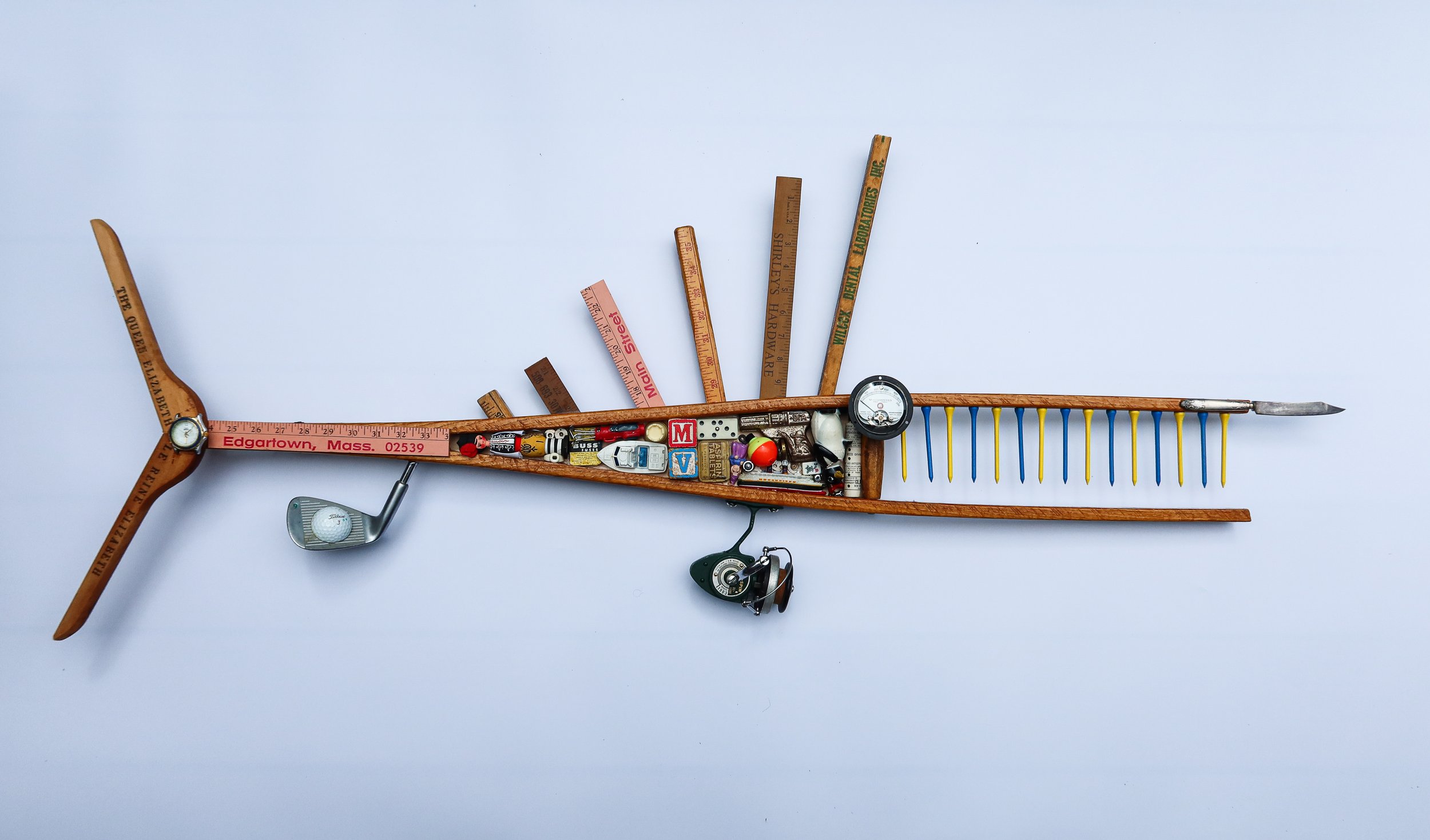 SOLD; Found Fish #11 "Göllfish".
Antique wooden crutch, vintage wooden hanger, golf club & ball, yardsticks, old fishing reel, amp meter, wooden blocks, toys, golf tees, antique knife.
54"W X 26"T X 4"D.
This species is found all over the world,